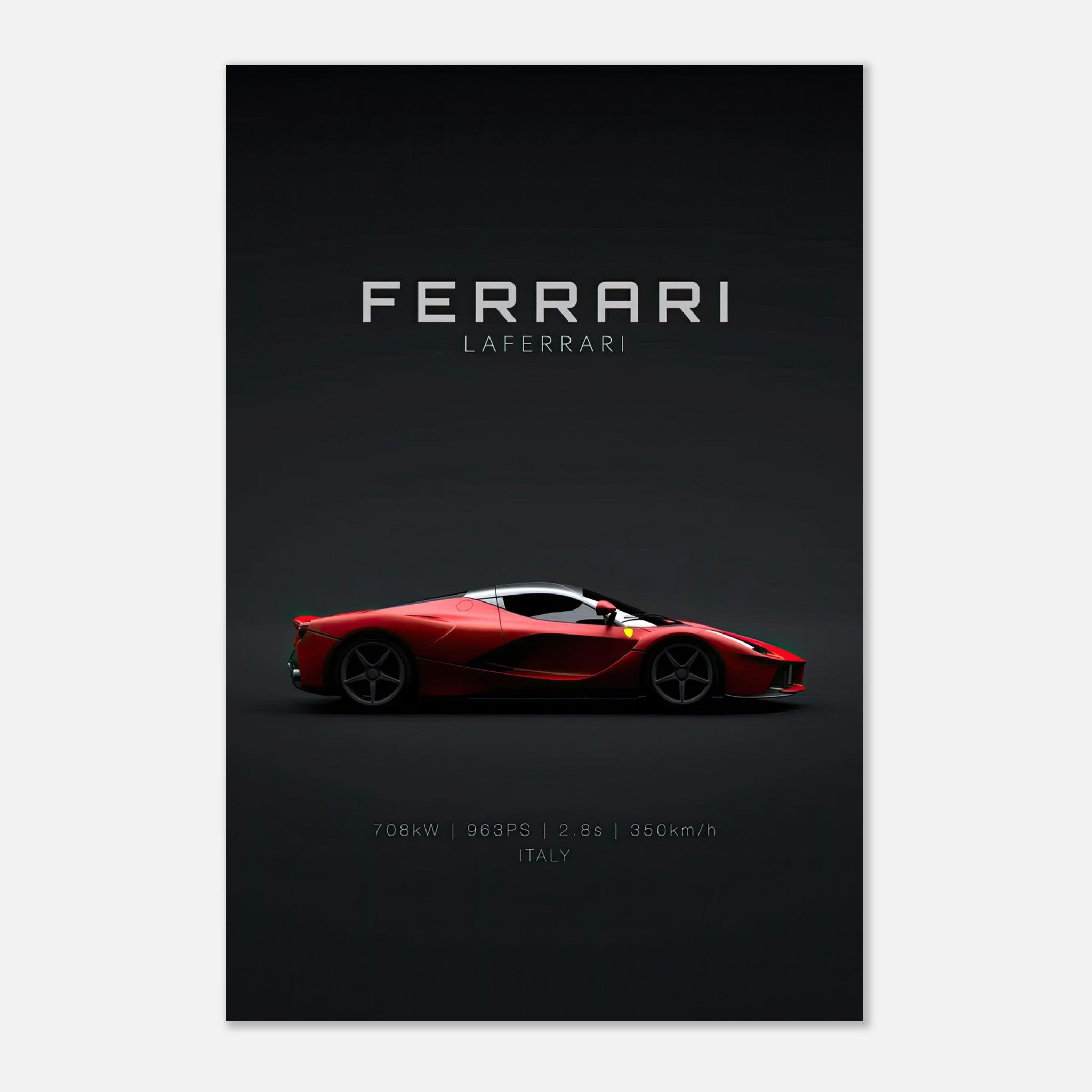 Ferrari Laferrari metal poster showcasing the iconic car in vibrant red on a minimalist black background.