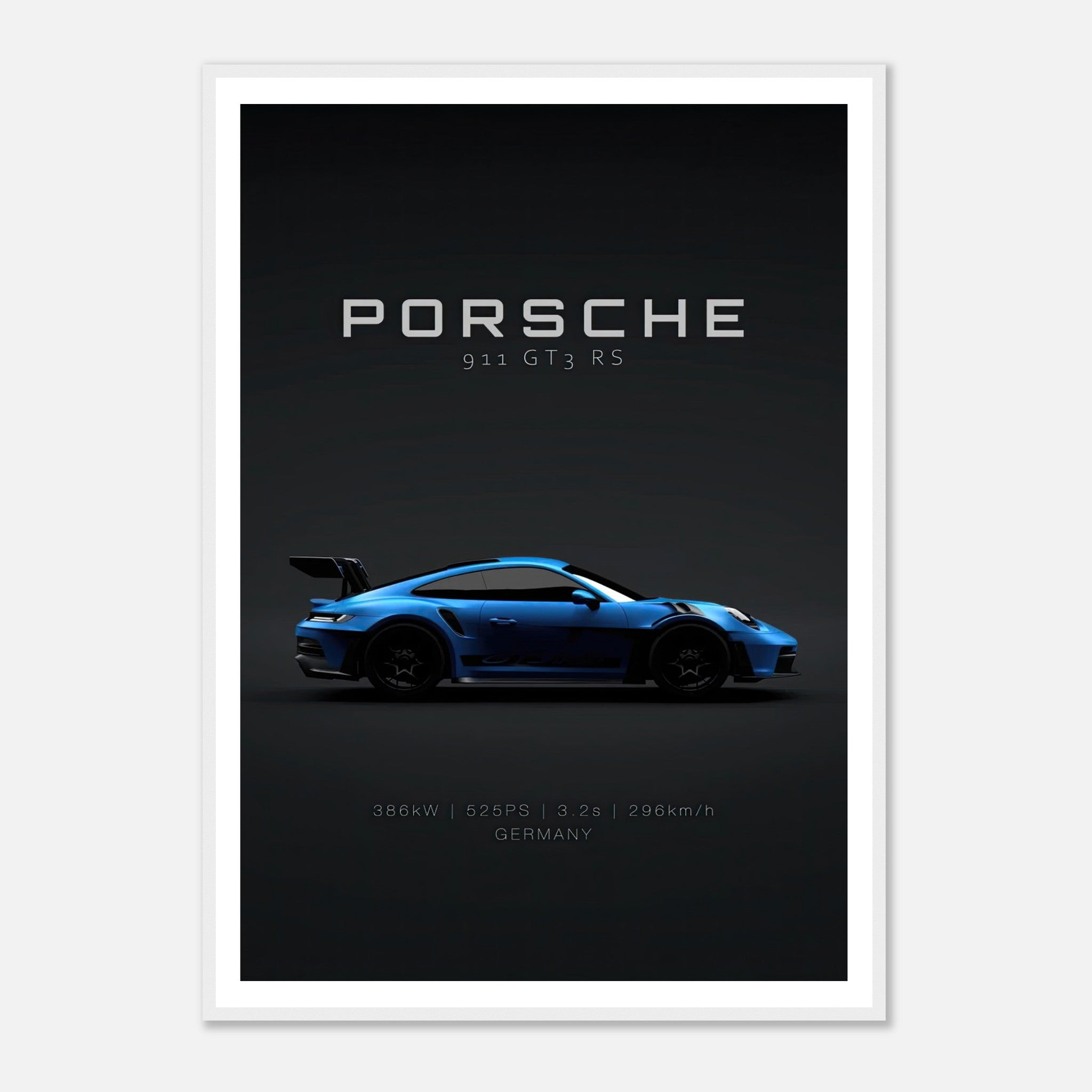 Porsche 911 GT3 RS framed poster showcasing a sleek blue sports car profile with performance stats.