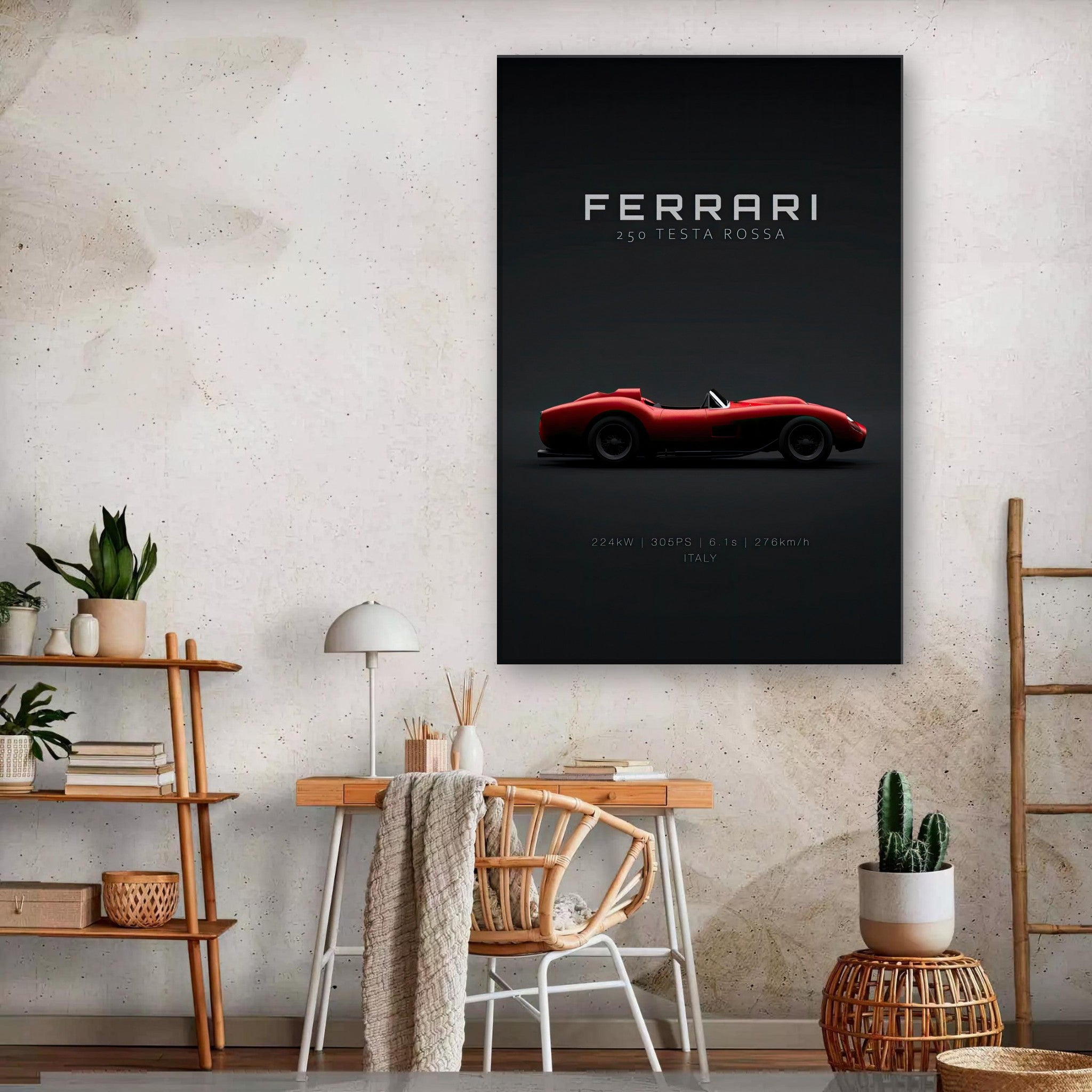 Ferrari 250 Testa Rossa canvas artwork showcasing the iconic red sports car against a sleek black background, perfect for home decor.