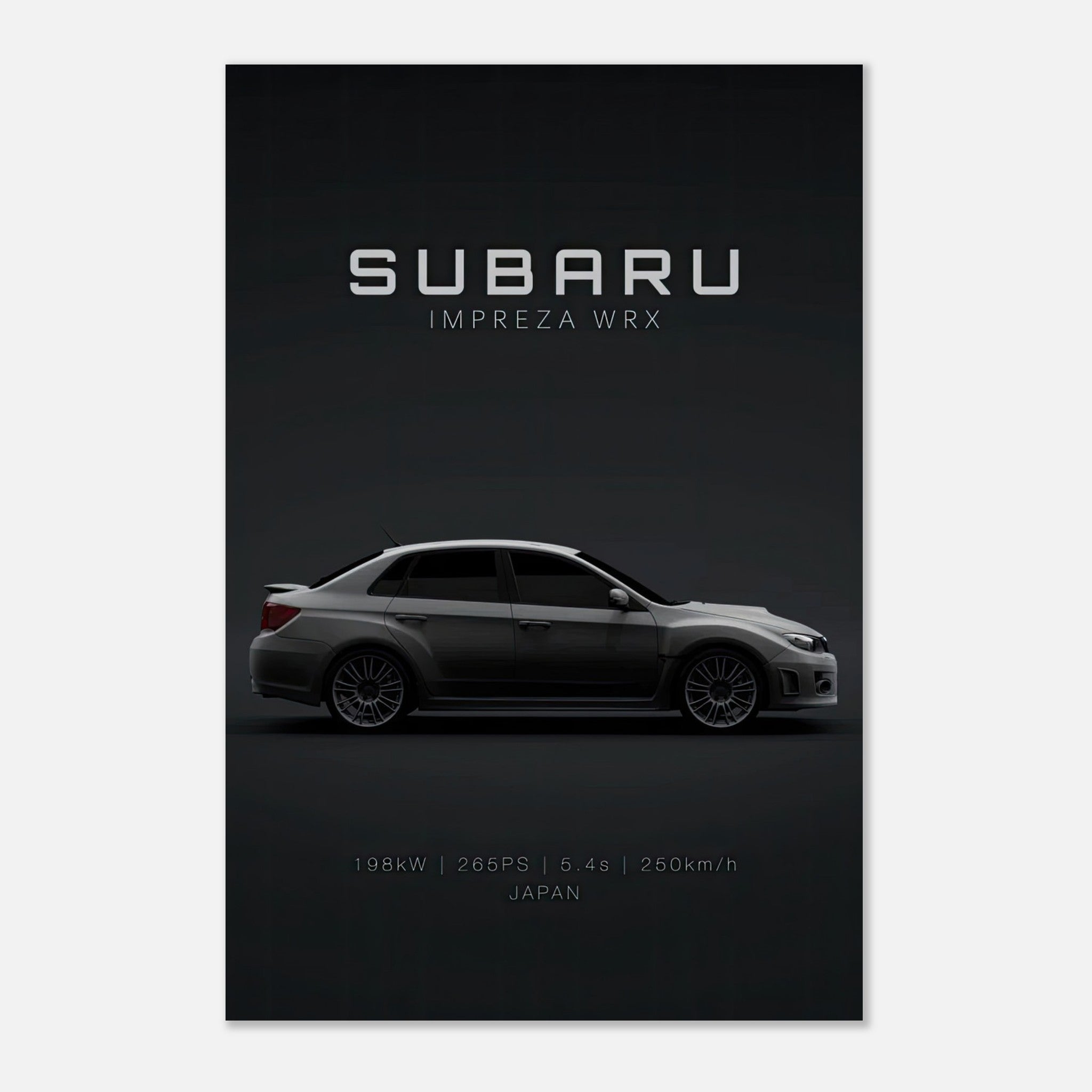 Subaru Impreza WRX metal print showcasing a sleek side profile with specs and modern design.