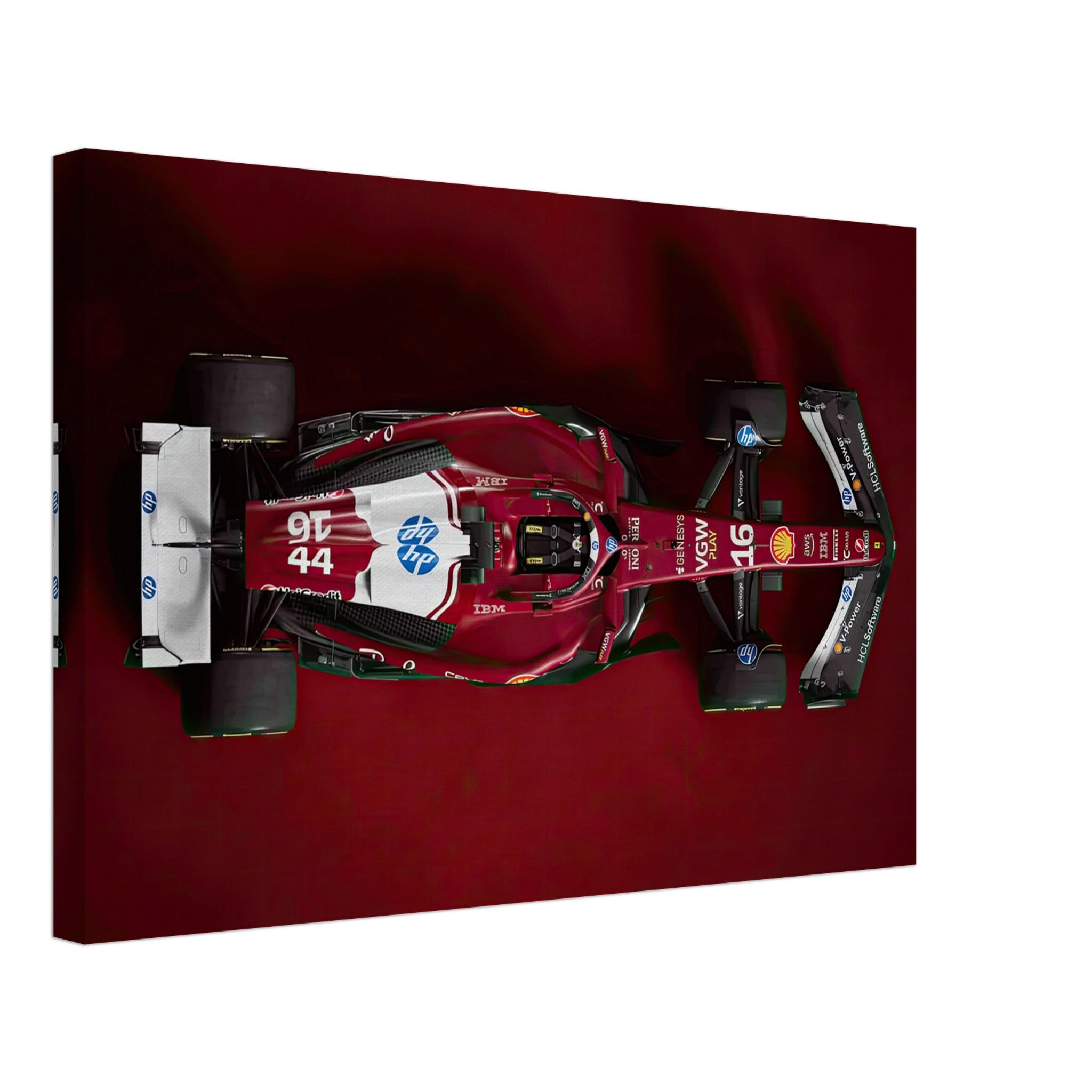 Ferrari F1 2025 canvas print showcasing top-down view of sleek red race car with intricate details.