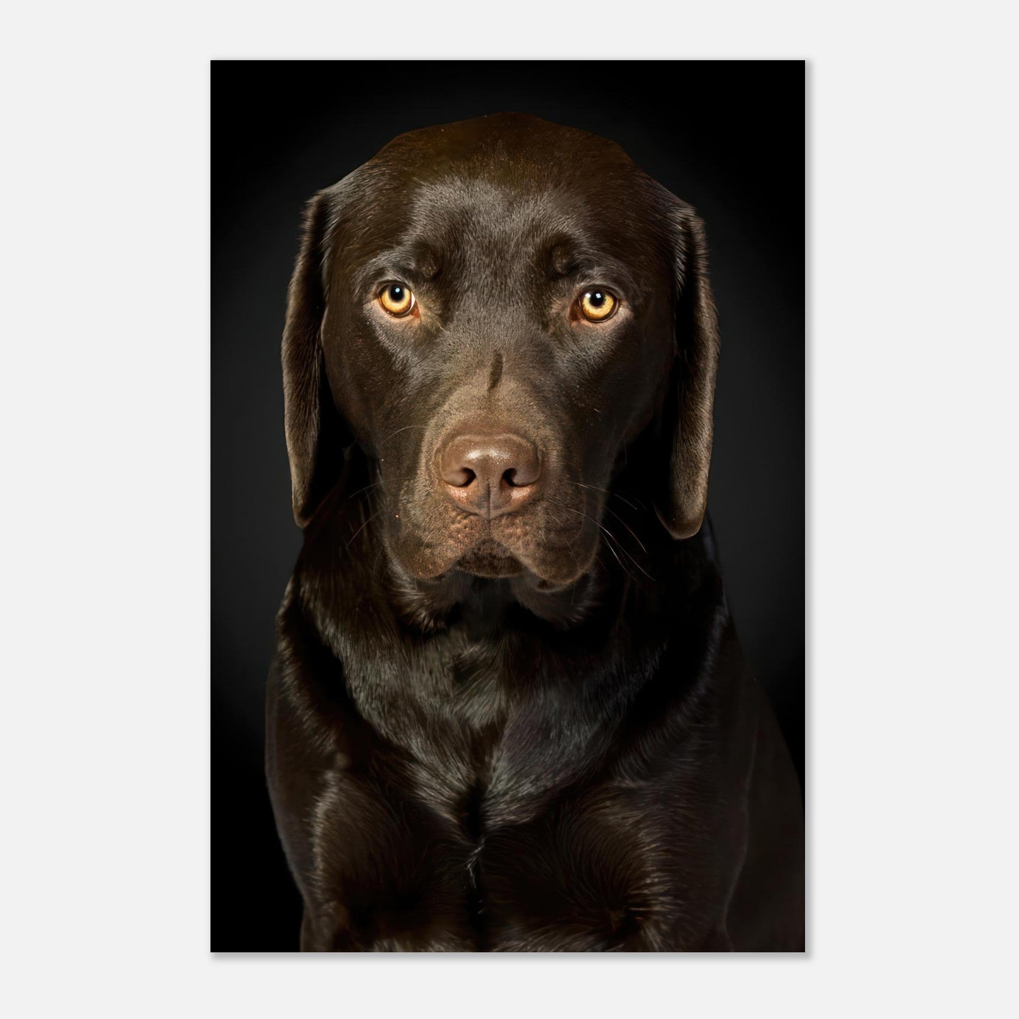 Chocolate Labrador portrait metal print showcasing deep brown coat and amber eyes on a sleek, dark background.