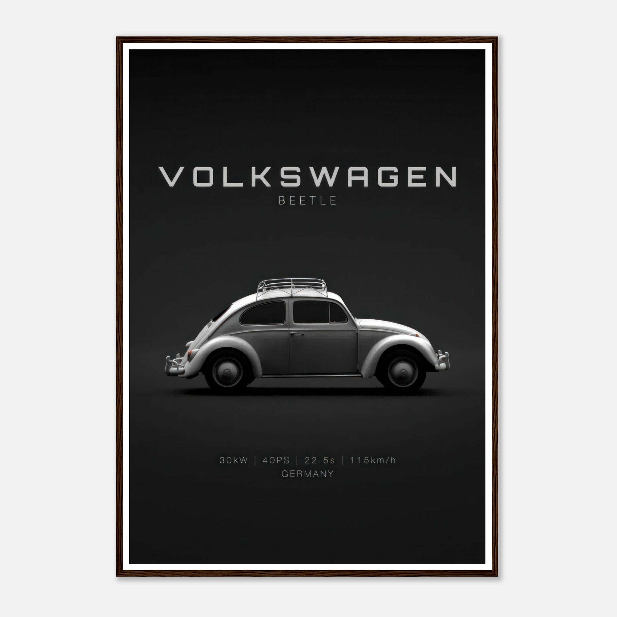 Volkswagen Beetle framed poster featuring sleek vintage design on a minimalist black background.