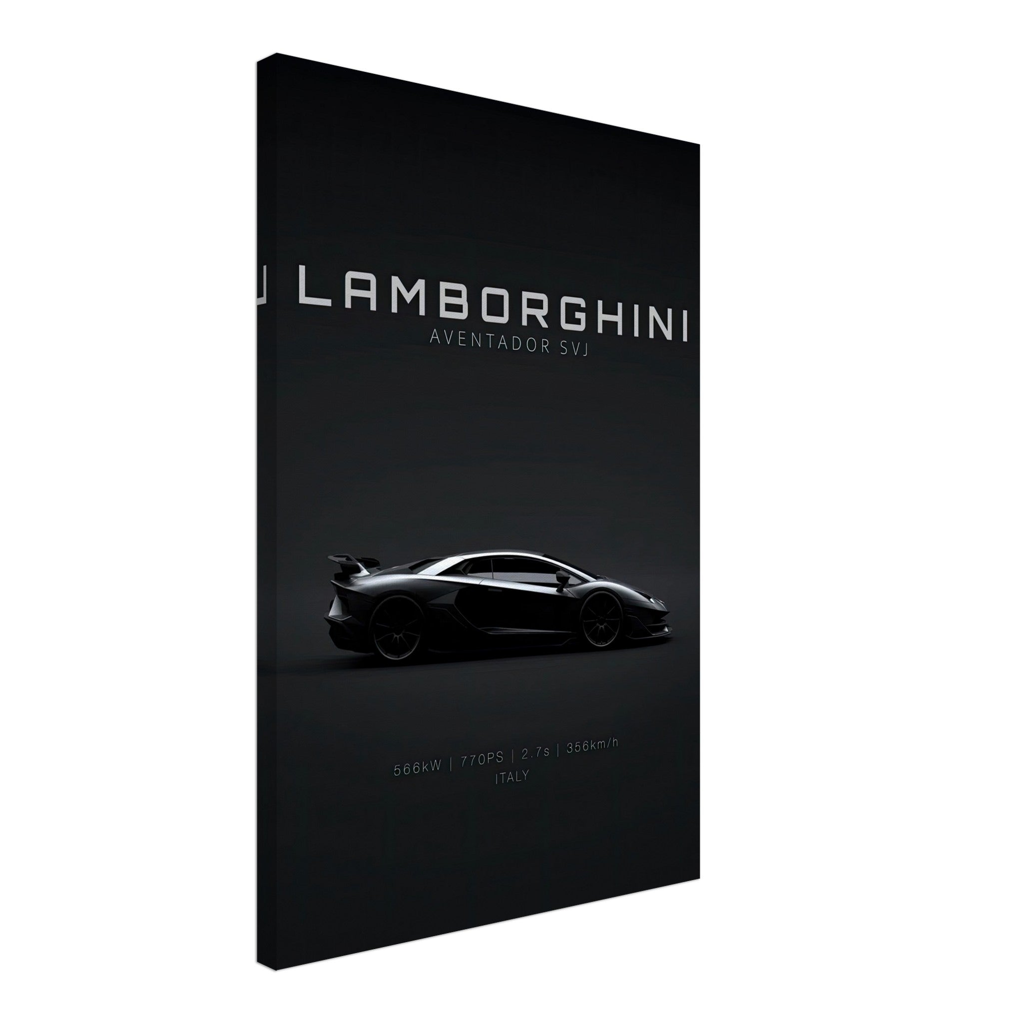 Lamborghini Aventador SVJ canvas wall art featuring sleek design on minimalist black background.