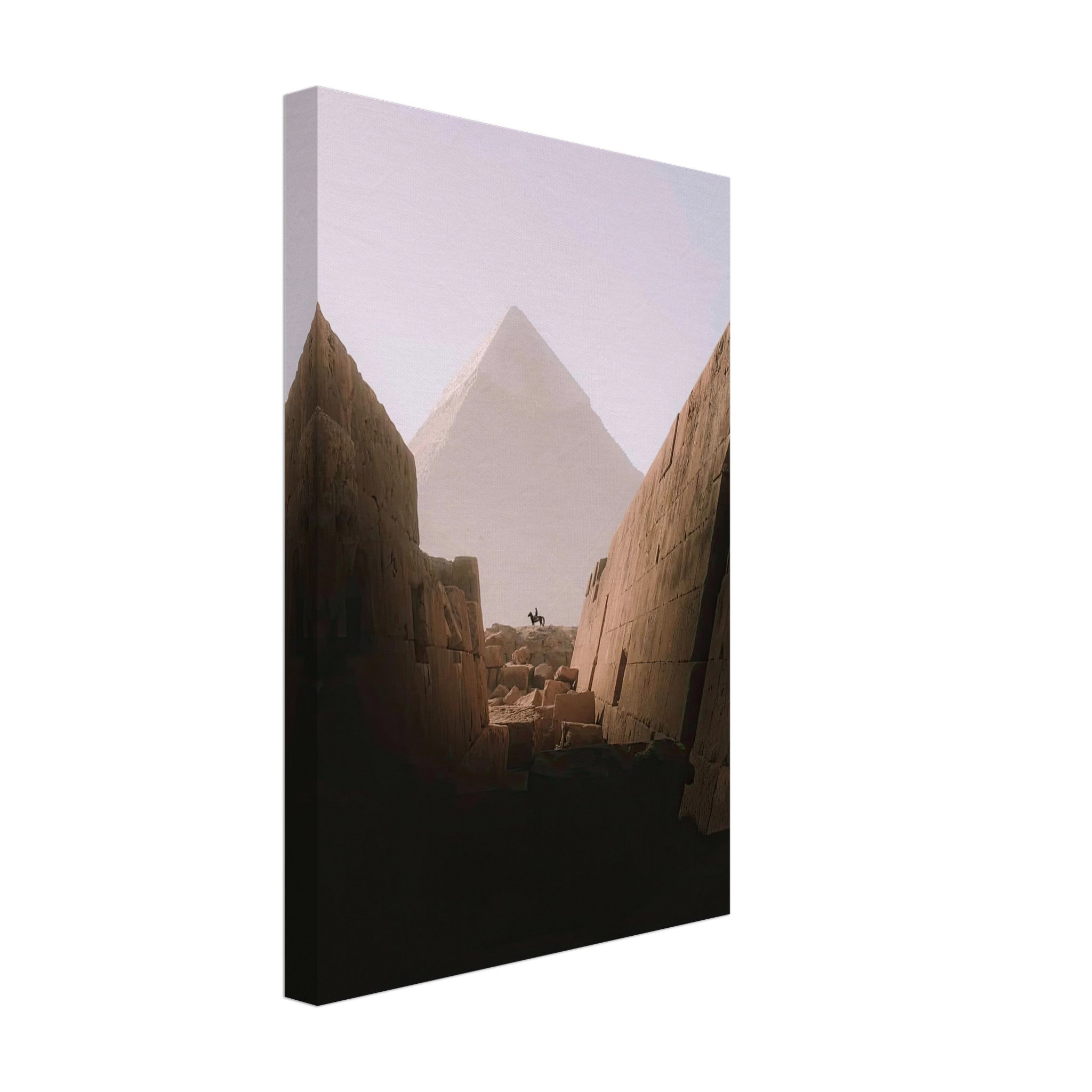 Silhouette of a lone rider on horseback framed by the Great Pyramid of Giza in warm desert light.