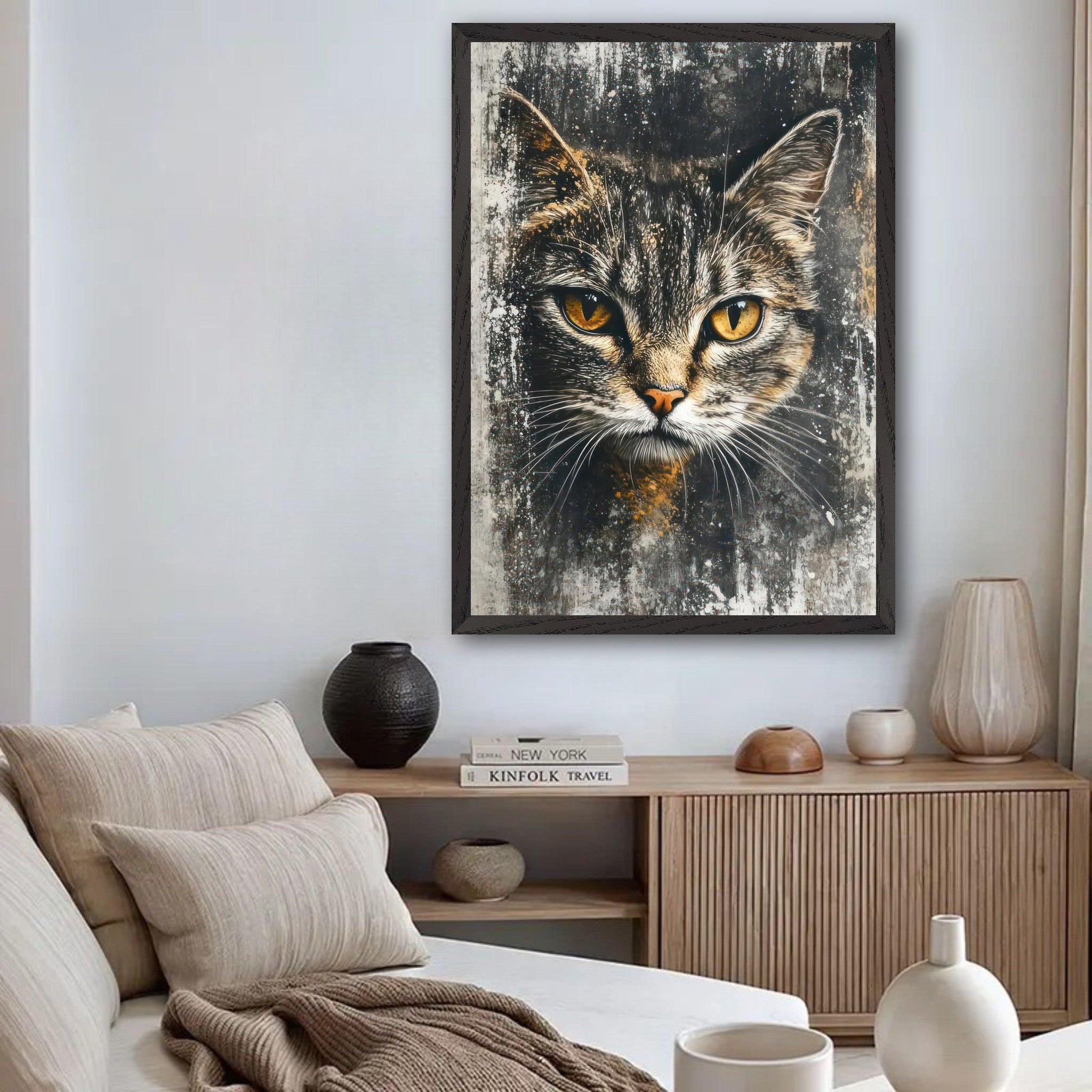 Stunning cat painting artwork with golden eyes in a cozy living room setting.