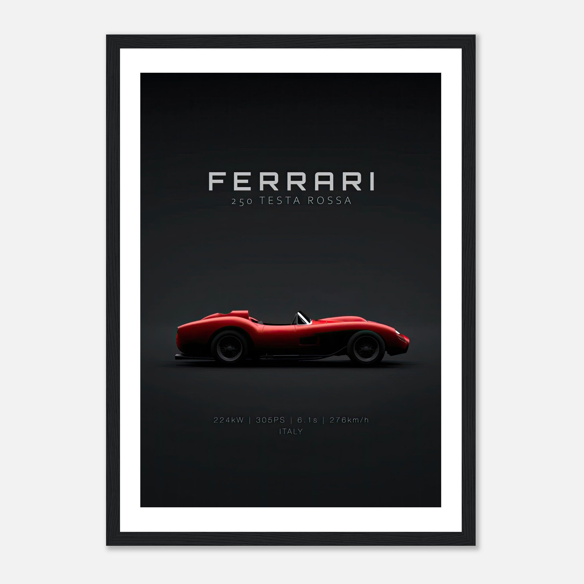 Framed poster of Ferrari 250 Testa Rossa showcasing its sleek design on a black background.