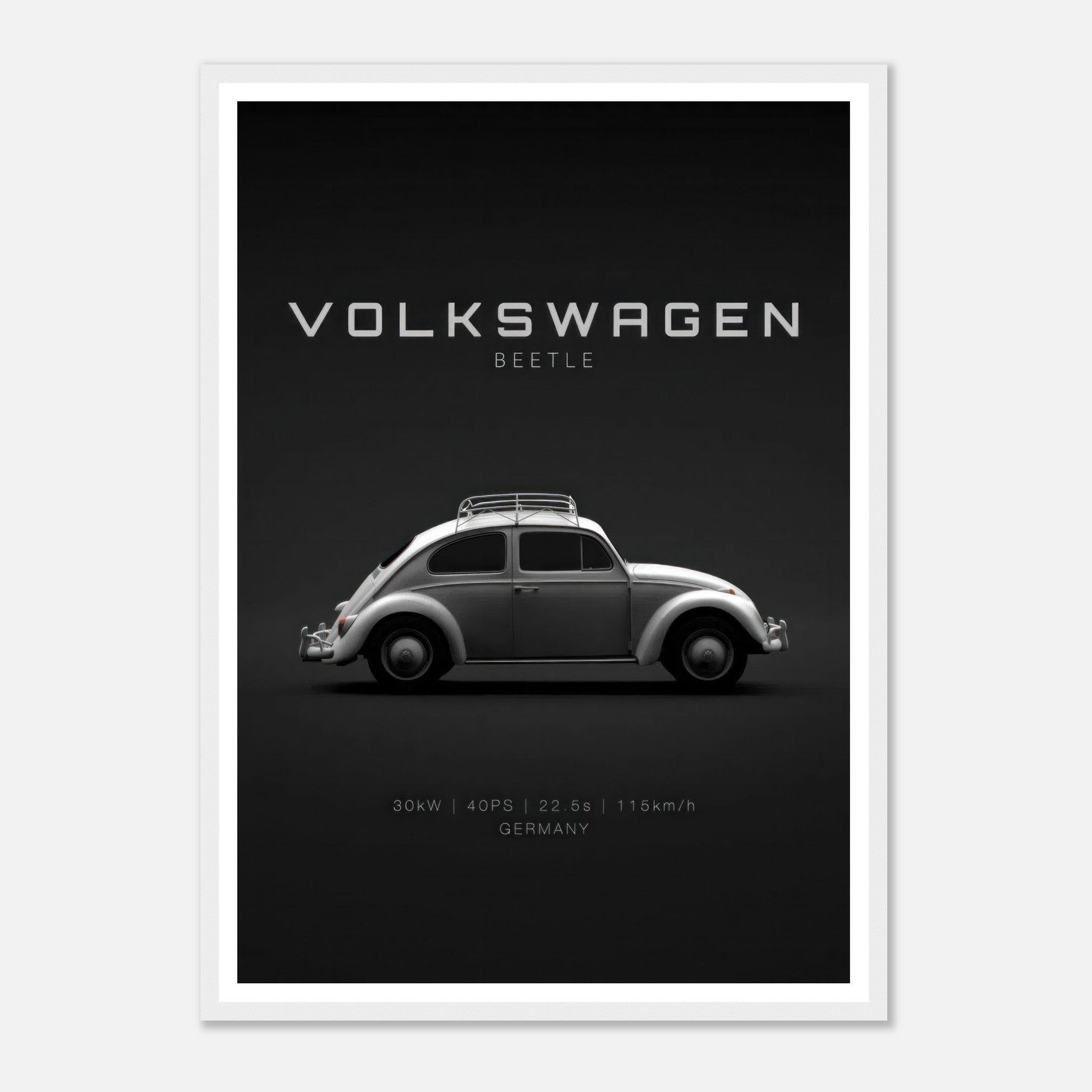 Framed poster of a Volkswagen Beetle showcasing its sleek side profile against a minimalist black background.