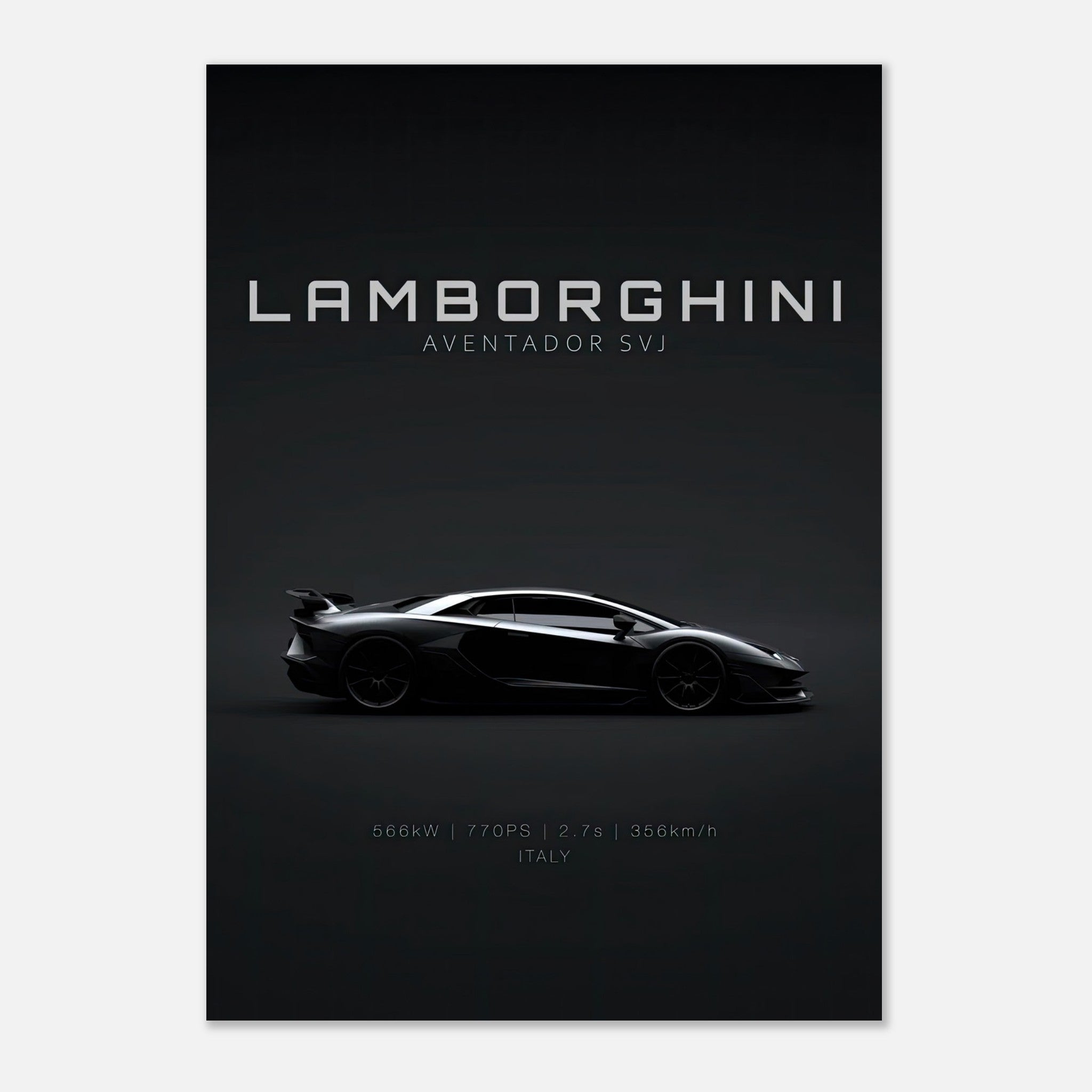 Lamborghini Aventador SVJ poster showcasing its sleek design, 770 horsepower, and top speed of 356 km/h.