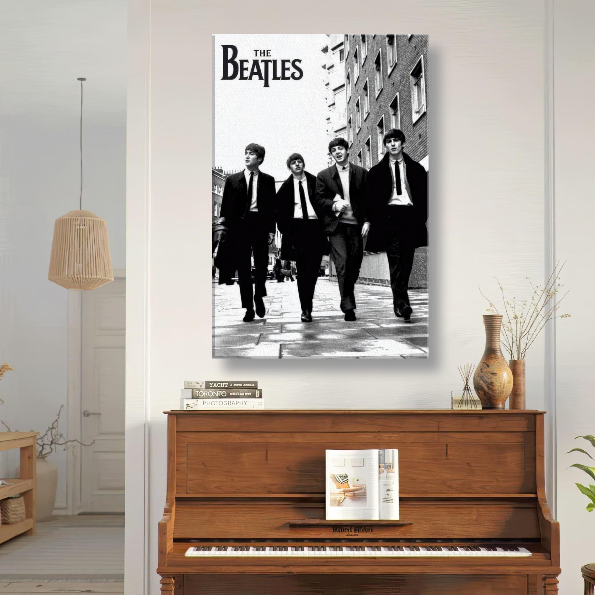The Beatles canvas print featuring the iconic band walking in suits, perfect for home decor.