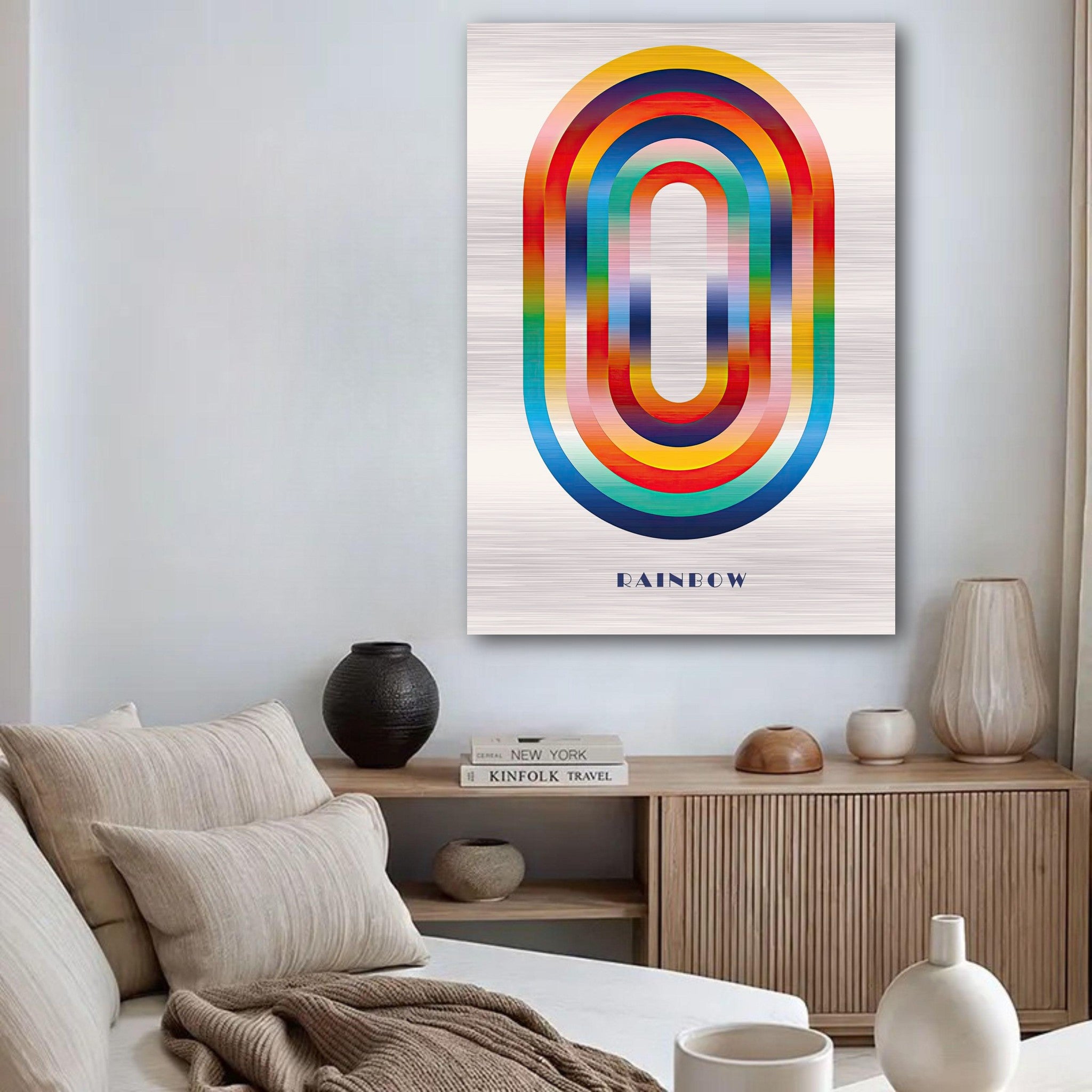 Abstract Rainbow Geometric Art on brushed metal, showcasing vibrant colors in a modern living room setting.