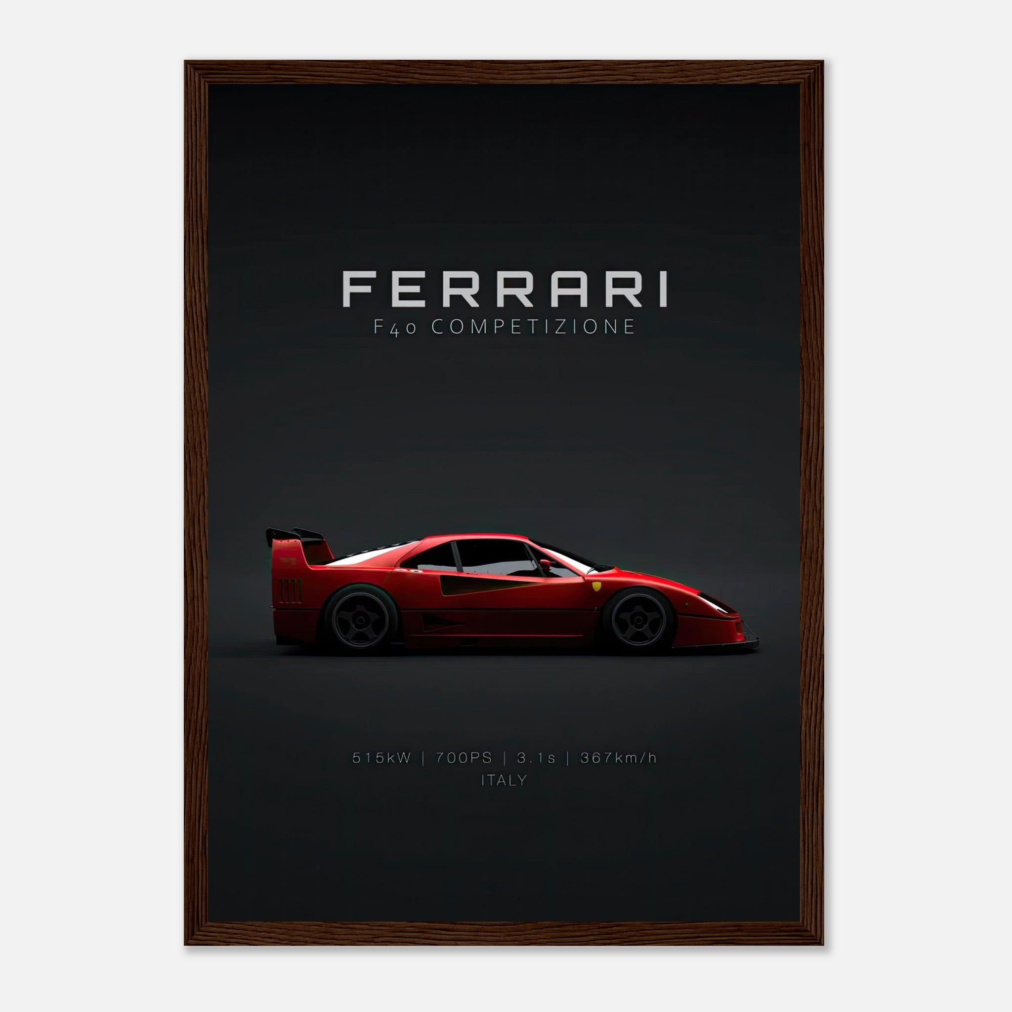 Ferrari F40 Competizione framed poster featuring a sleek red supercar design on a dark backdrop.