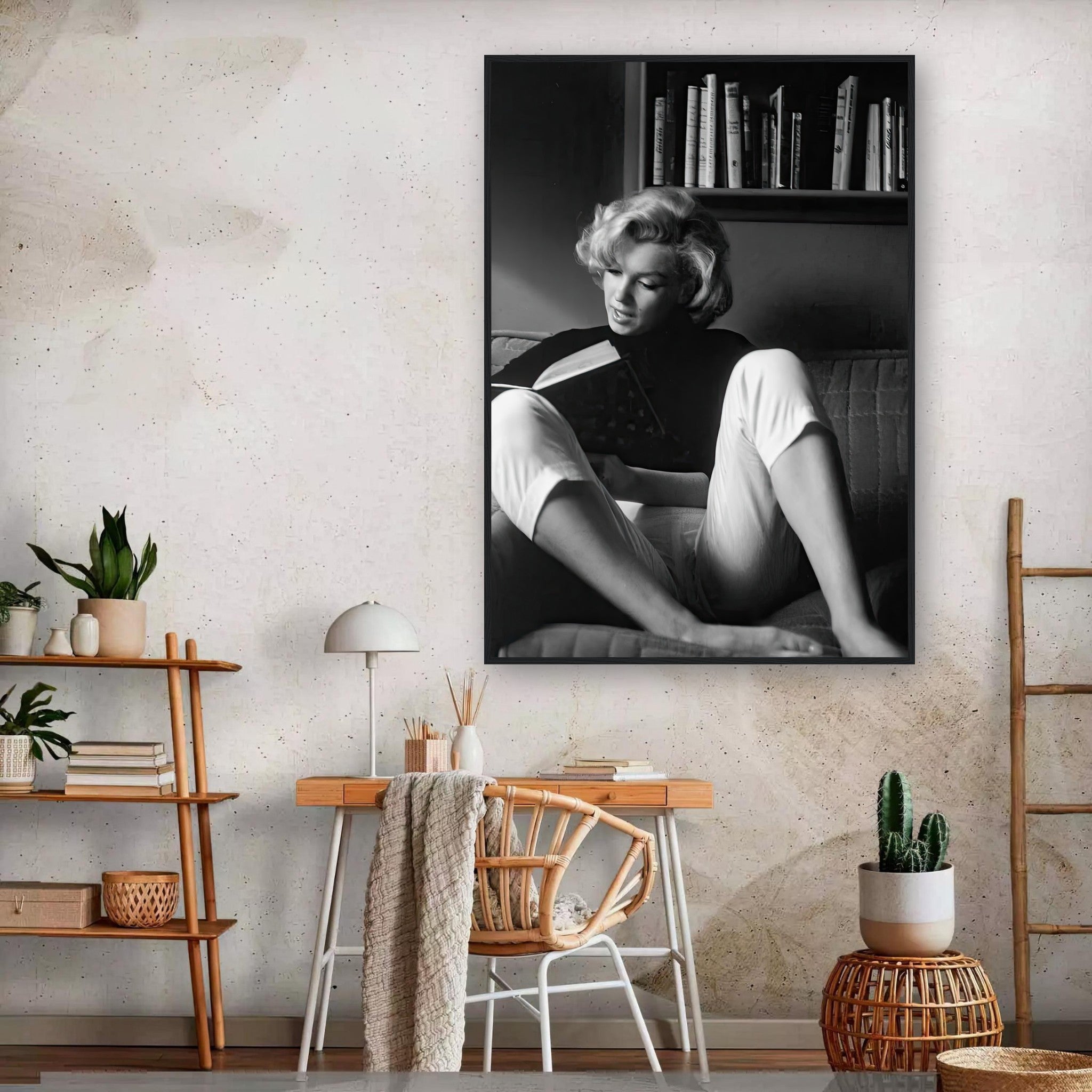 Marilyn Monroe reading at home framed print, black-and-white decor, classic Hollywood charm.