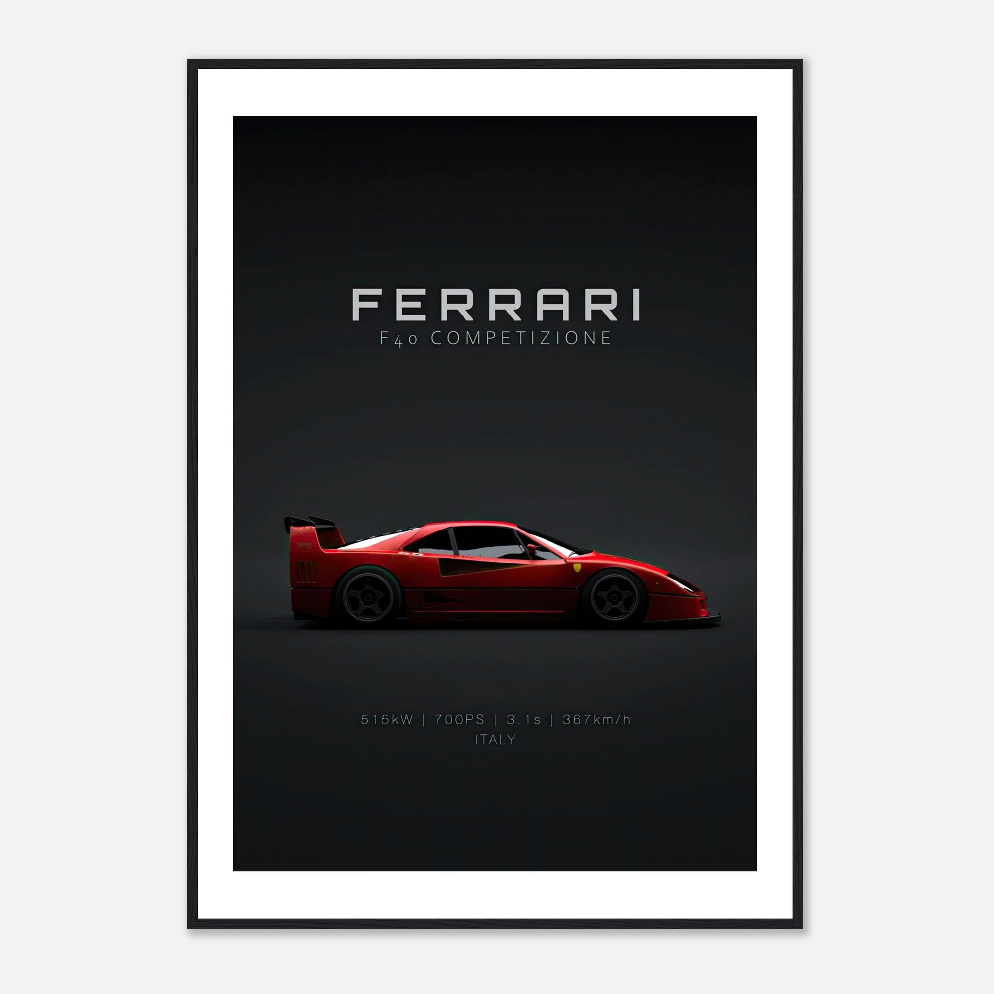 Ferrari F40 Competizione framed poster showcasing the iconic red supercar on a dark backdrop.