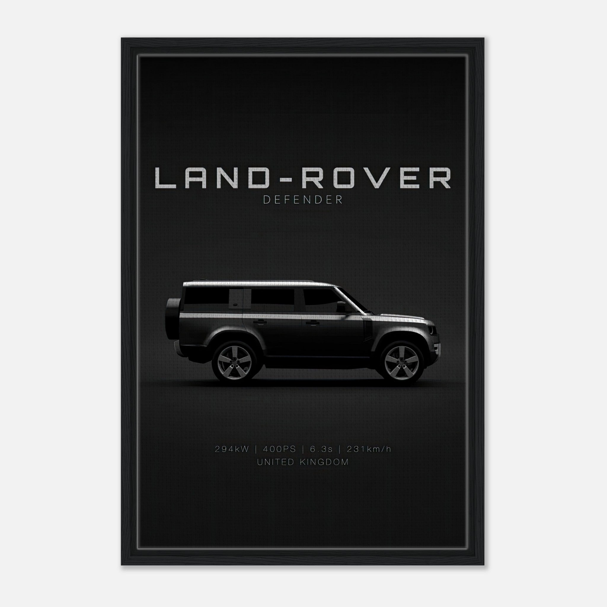 Land Rover Defender framed canvas print featuring sleek side profile on a black backdrop.
