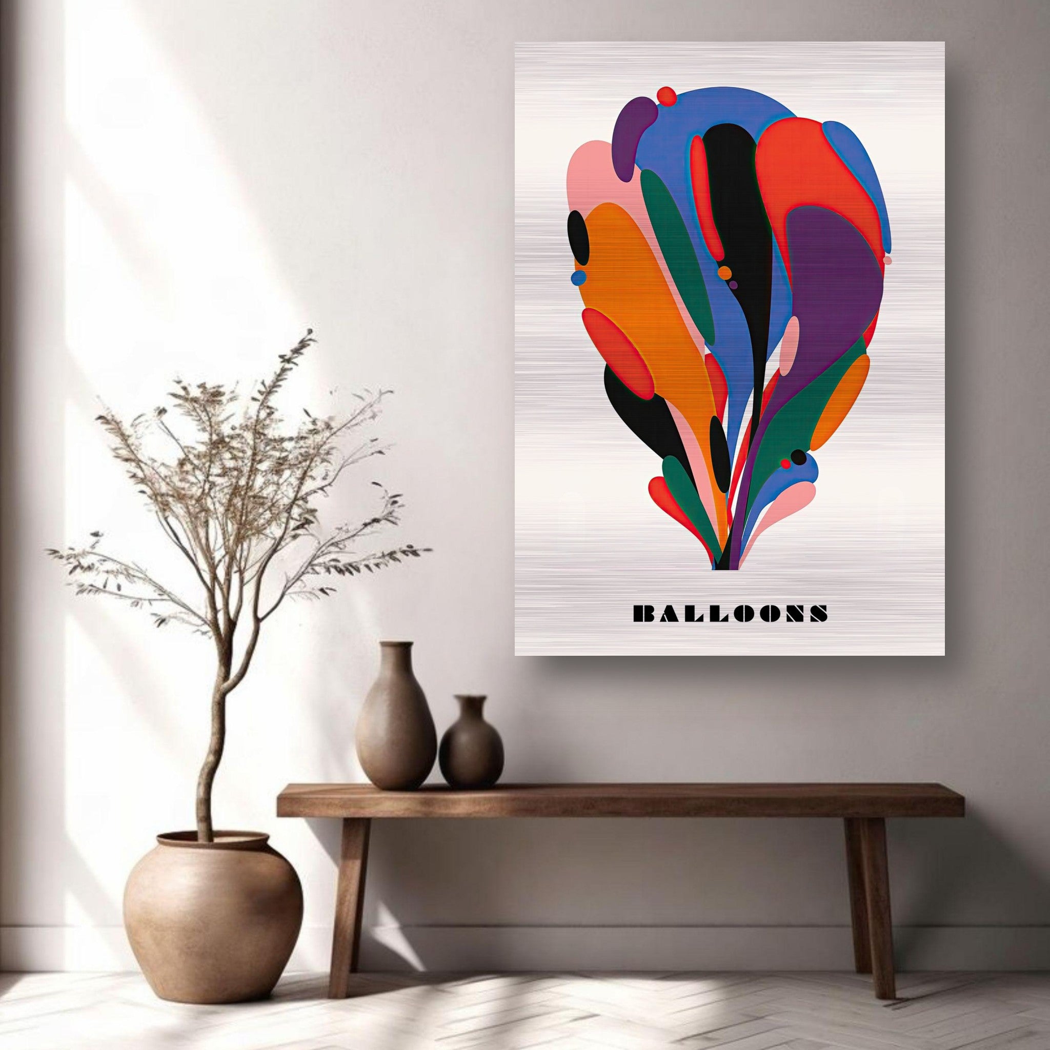 Vibrant abstract balloon art print in brushed metal, showcasing fluid shapes and bold colors, enhancing modern decor.