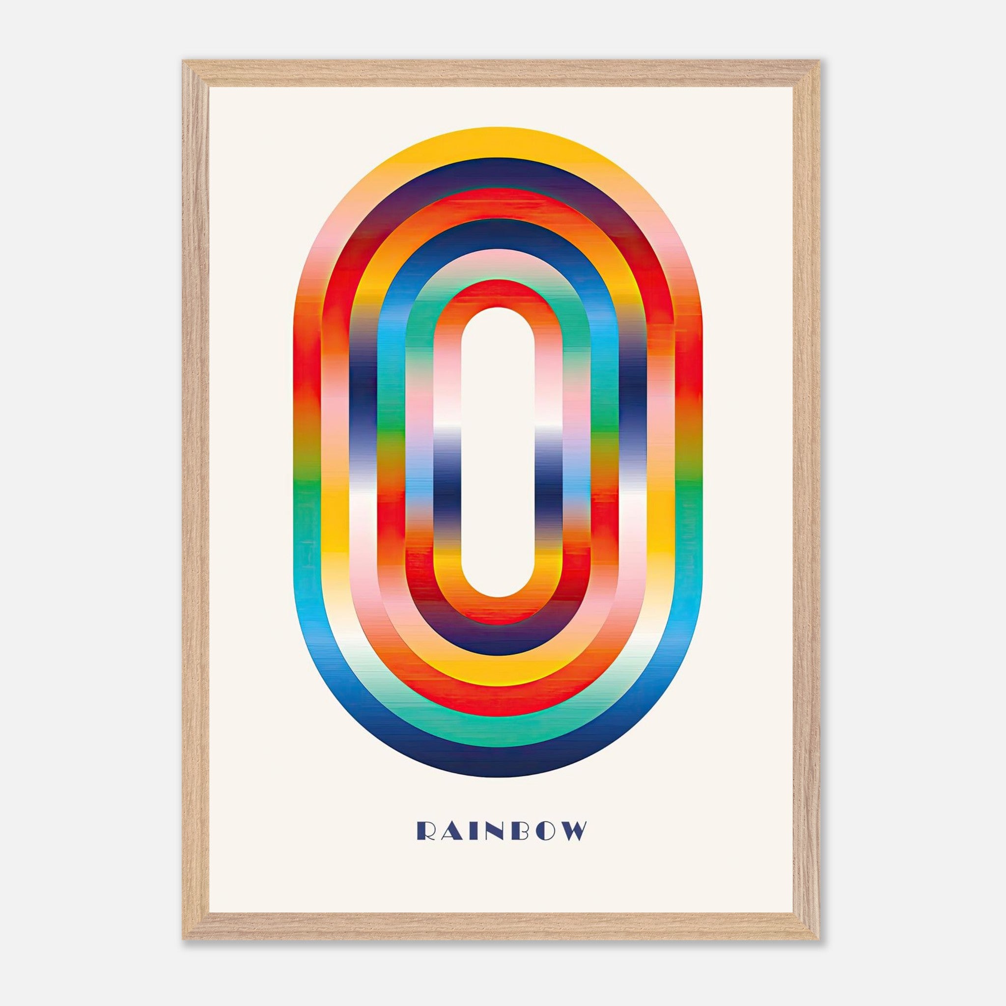 Vibrant abstract rainbow geometric art print featuring bold overlapping arcs in a sleek frame.