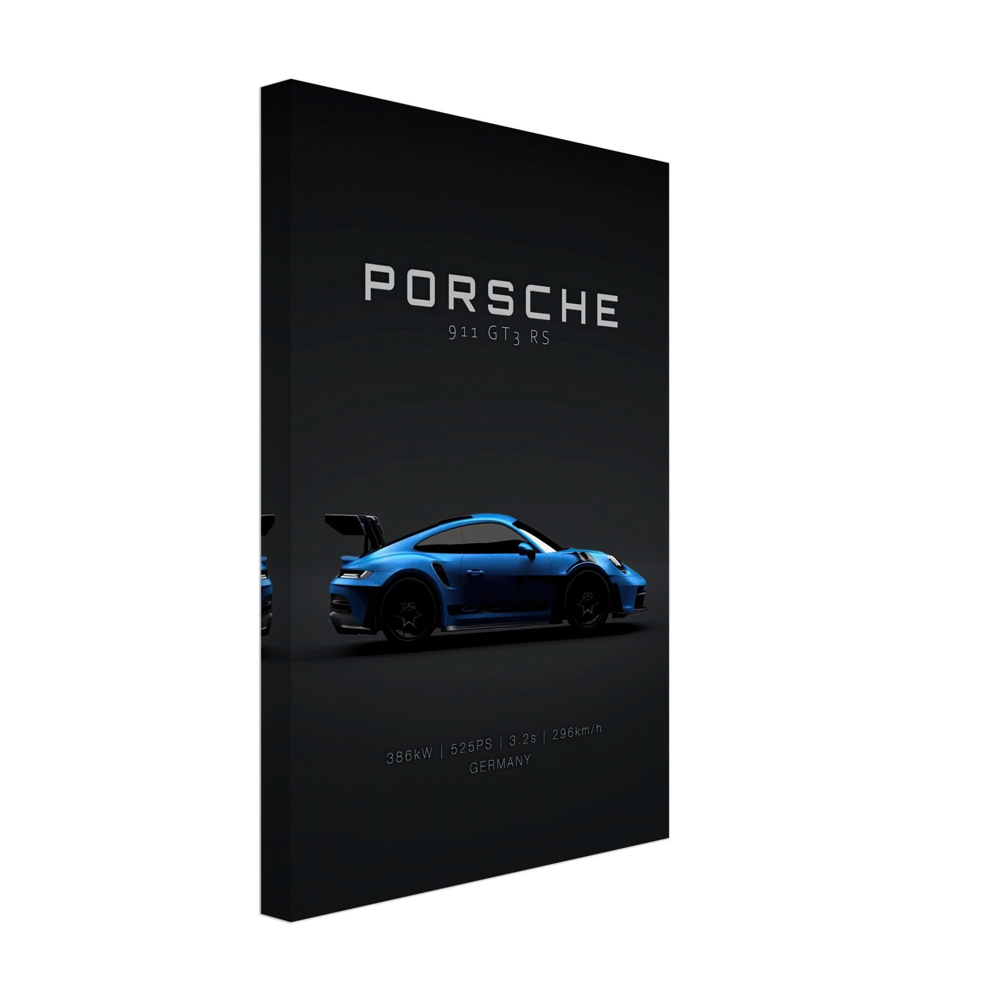 Porsche 911 GT3 RS canvas artwork in vibrant blue on a black background with specifications.