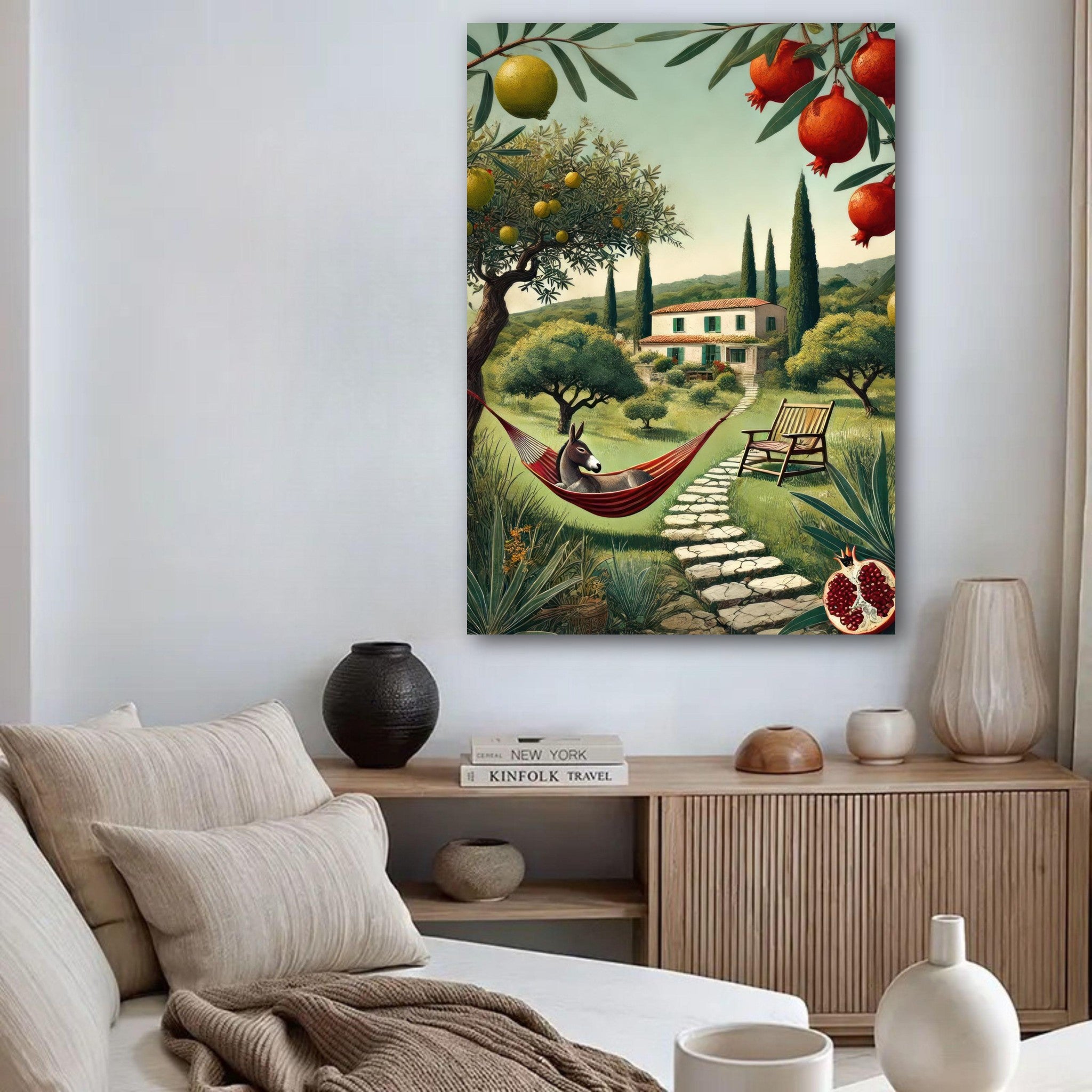 Mediterranean Rural Landscape Poster depicting olive trees, pomegranates, and a serene hammock waiting for you.