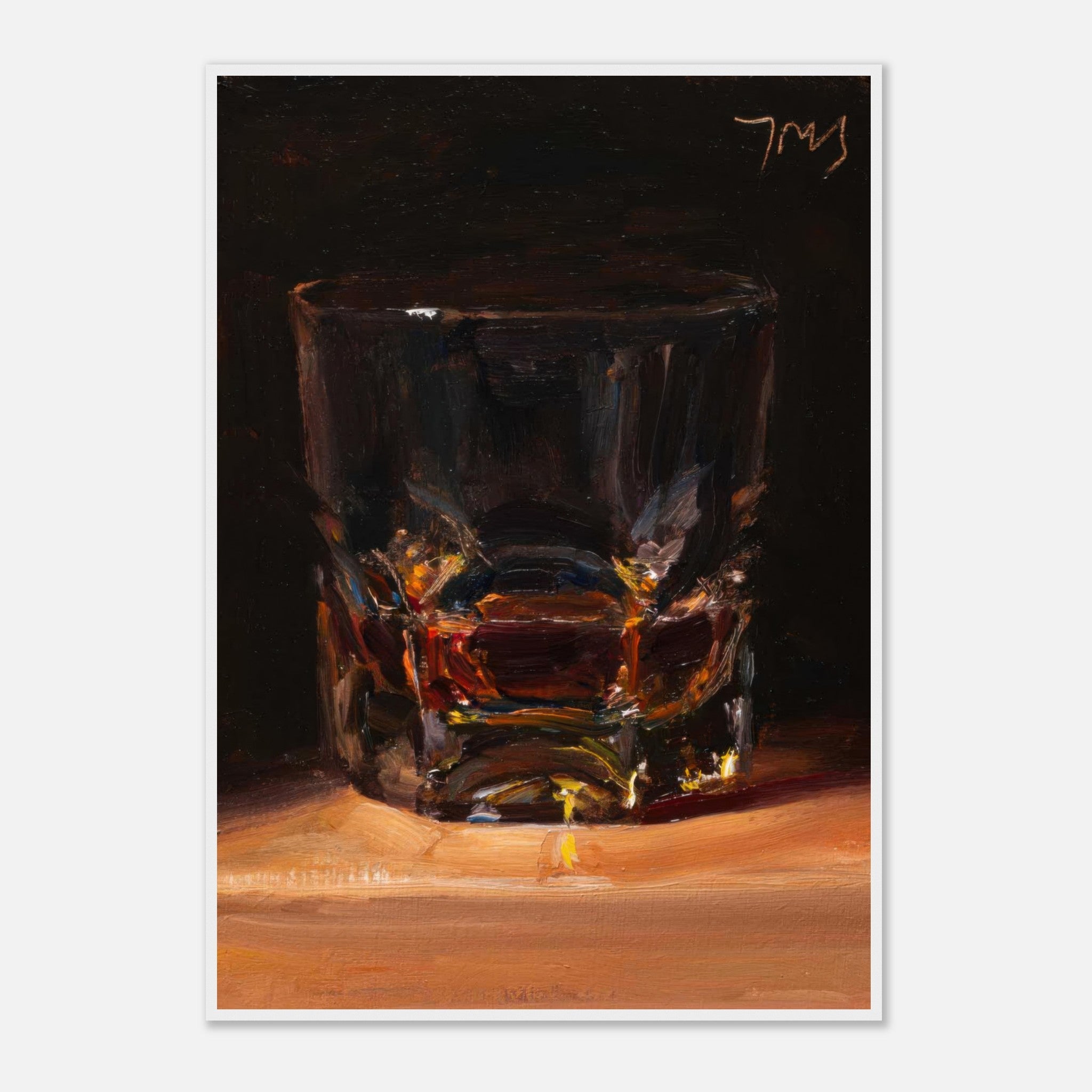 Whiskey framed print featuring a glass with deep amber liquid, showcasing warmth and sophistication in a timeless artwork.