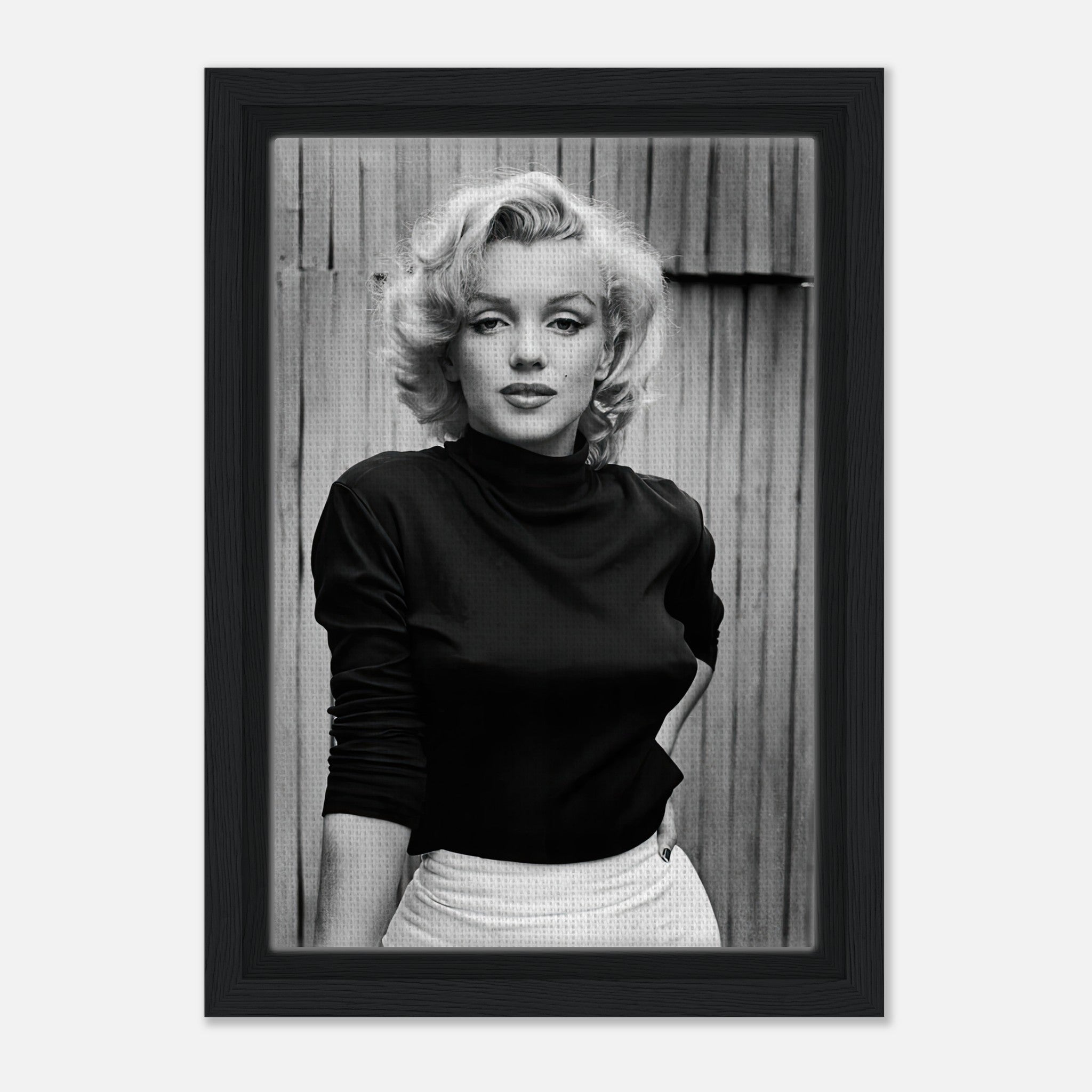Black-and-white portrait of Marilyn Monroe in a black top, framed canvas print, ideal for home decor.
