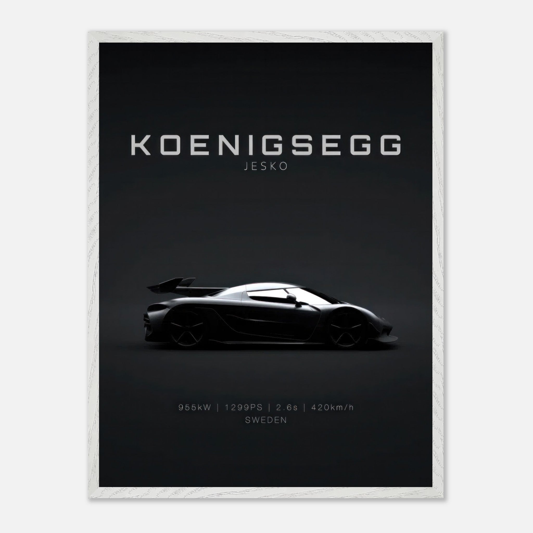 Koenigsegg Jesko Vintage Framed Art showcasing a sleek hypercar silhouette on a minimalist black background.