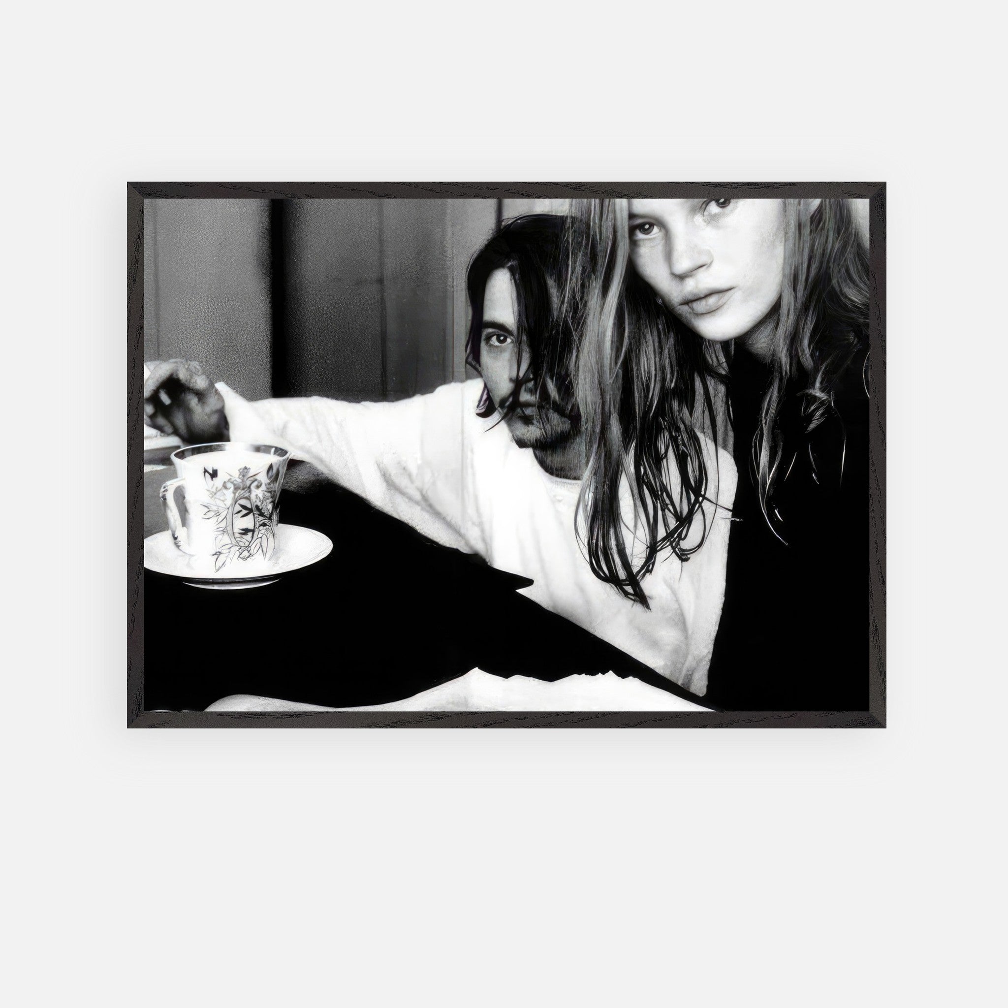 Fine art print of Johnny Depp and Kate Moss capturing 90s romance in black-and-white by François-Marie Banier.