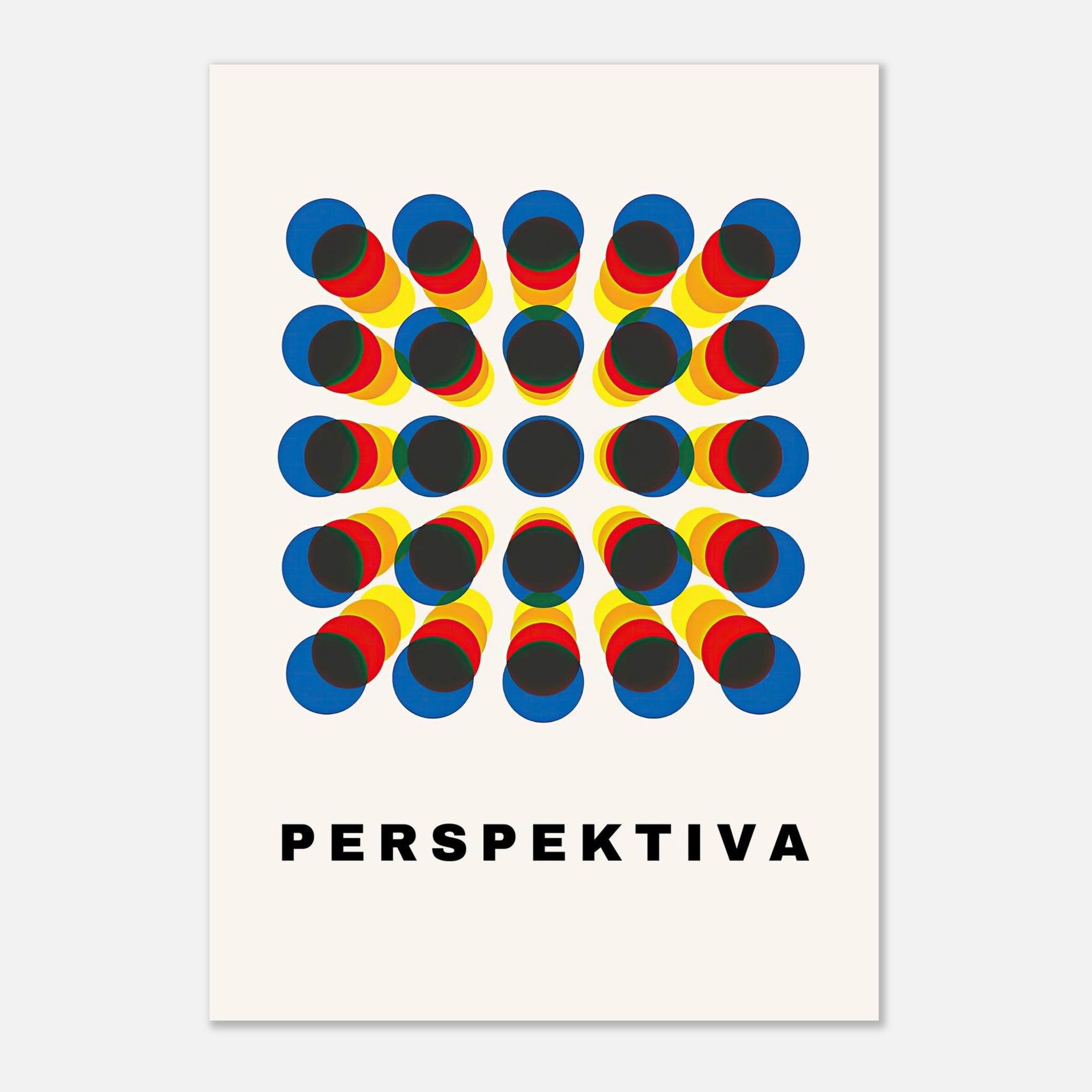 Perspective Abstract Art Poster featuring colorful geometric pattern in blue, red, and yellow on a neutral background.