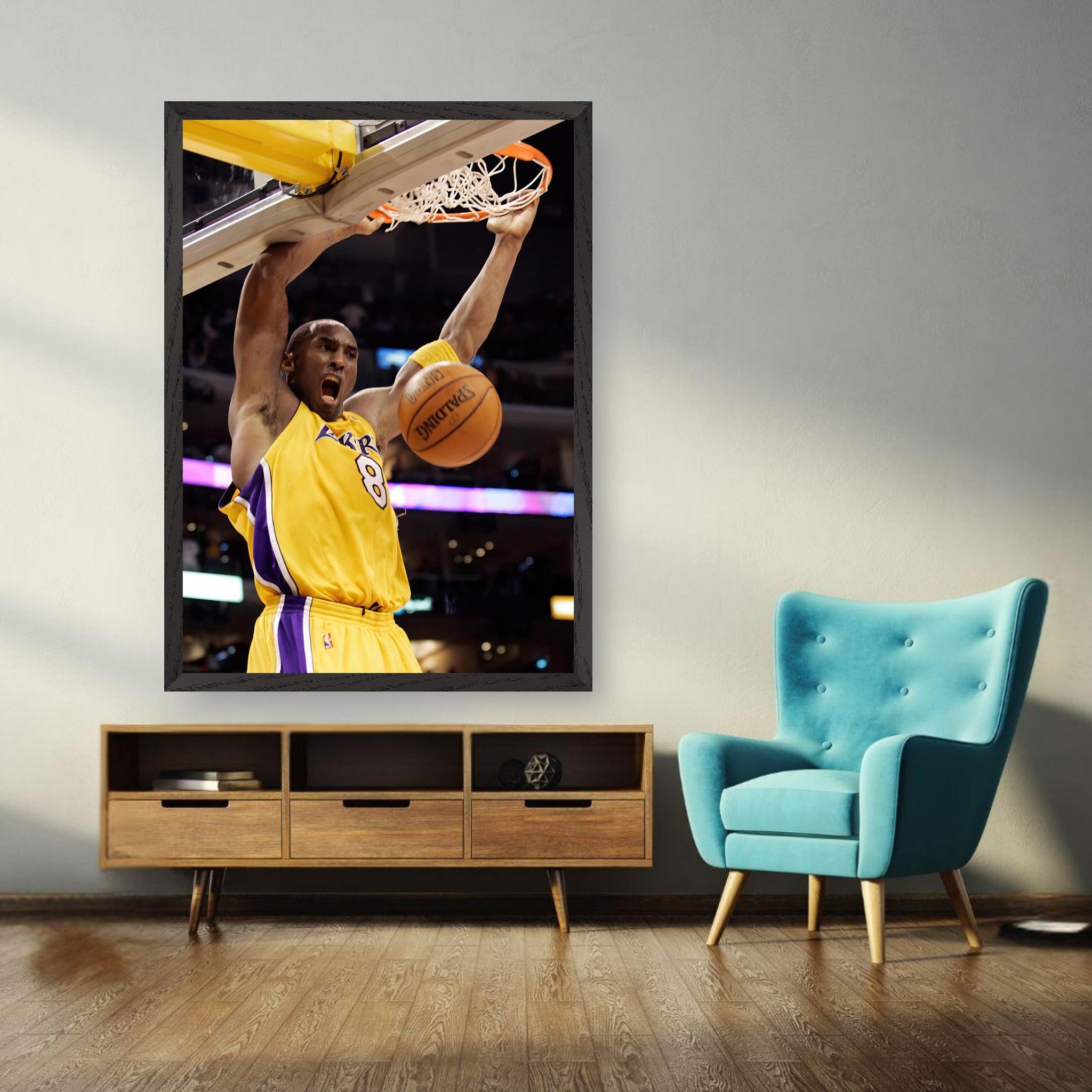 Kobe Bryant iconic slam dunk fine art print in a stylish living room setting.