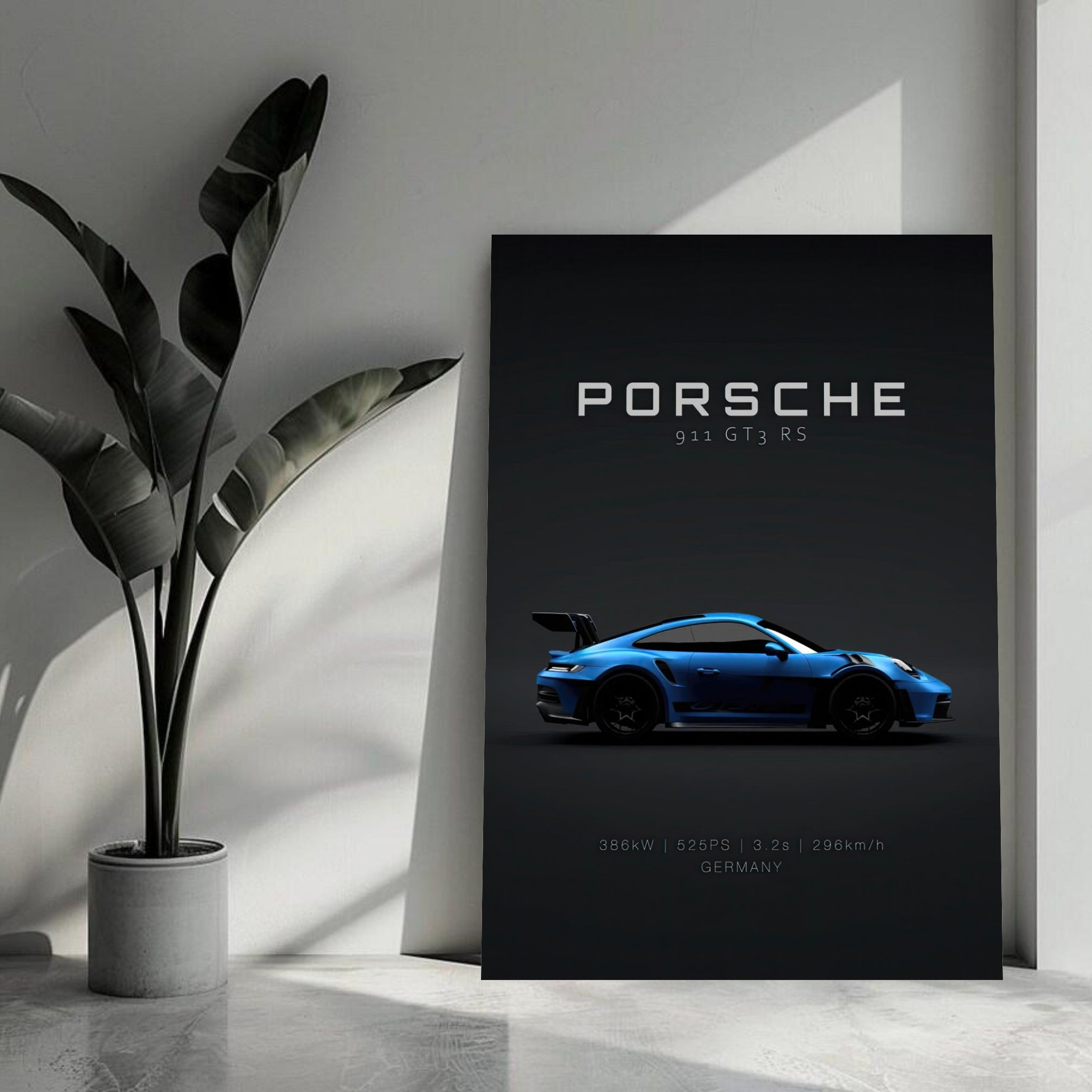 Porsche 911 GT3 RS metal print showcasing sleek blue silhouette on dark background, perfect for car enthusiasts.