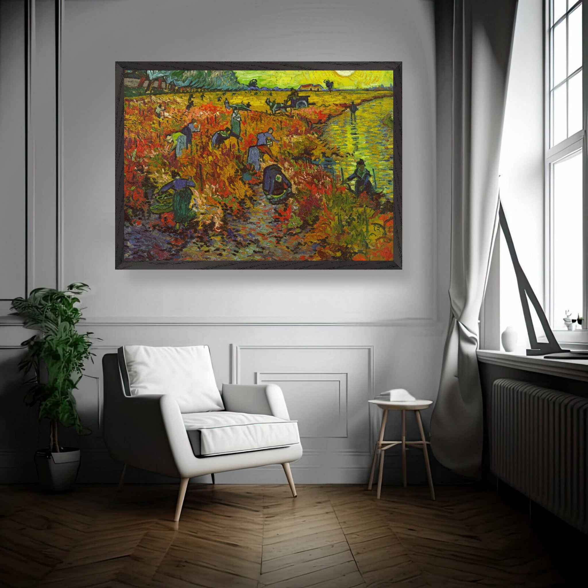 The Red Vineyard by Van Gogh, vibrant museum-quality Giclée print displayed in a stylish living room setting.