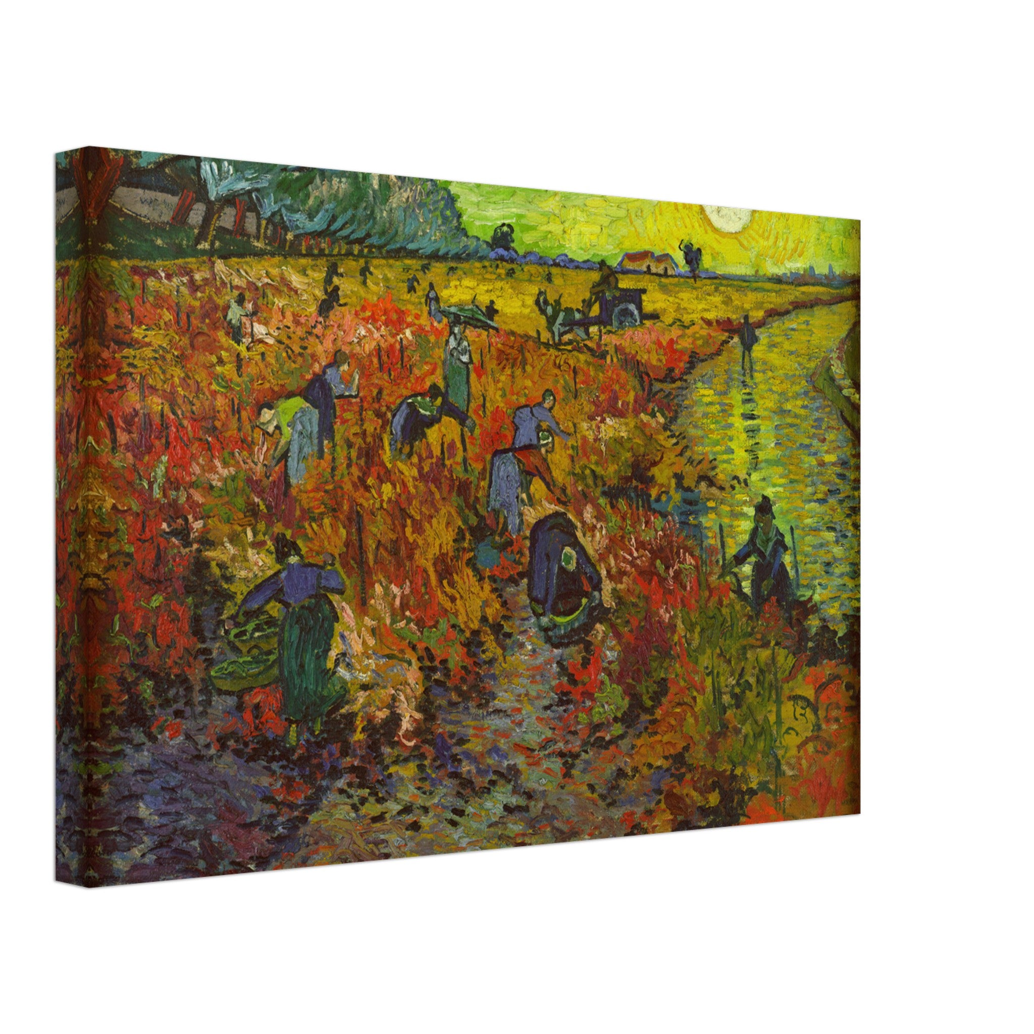 The Red Vineyard canvas print by Van Gogh, depicting vibrant autumn colors and vineyard workers.