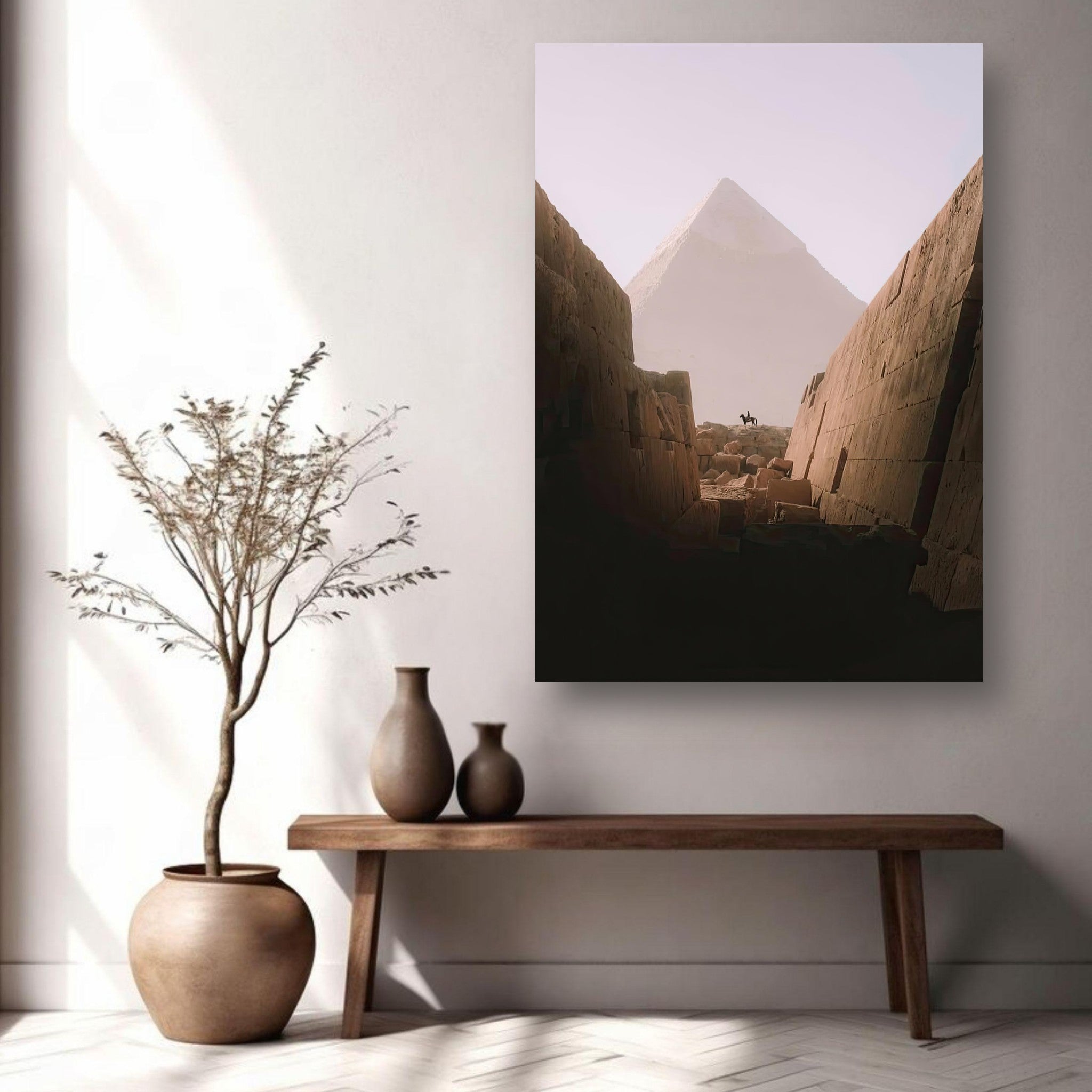 Horse rider silhouette framed by the Great Pyramid of Giza in a serene interior setting, showcasing ancient wonder.