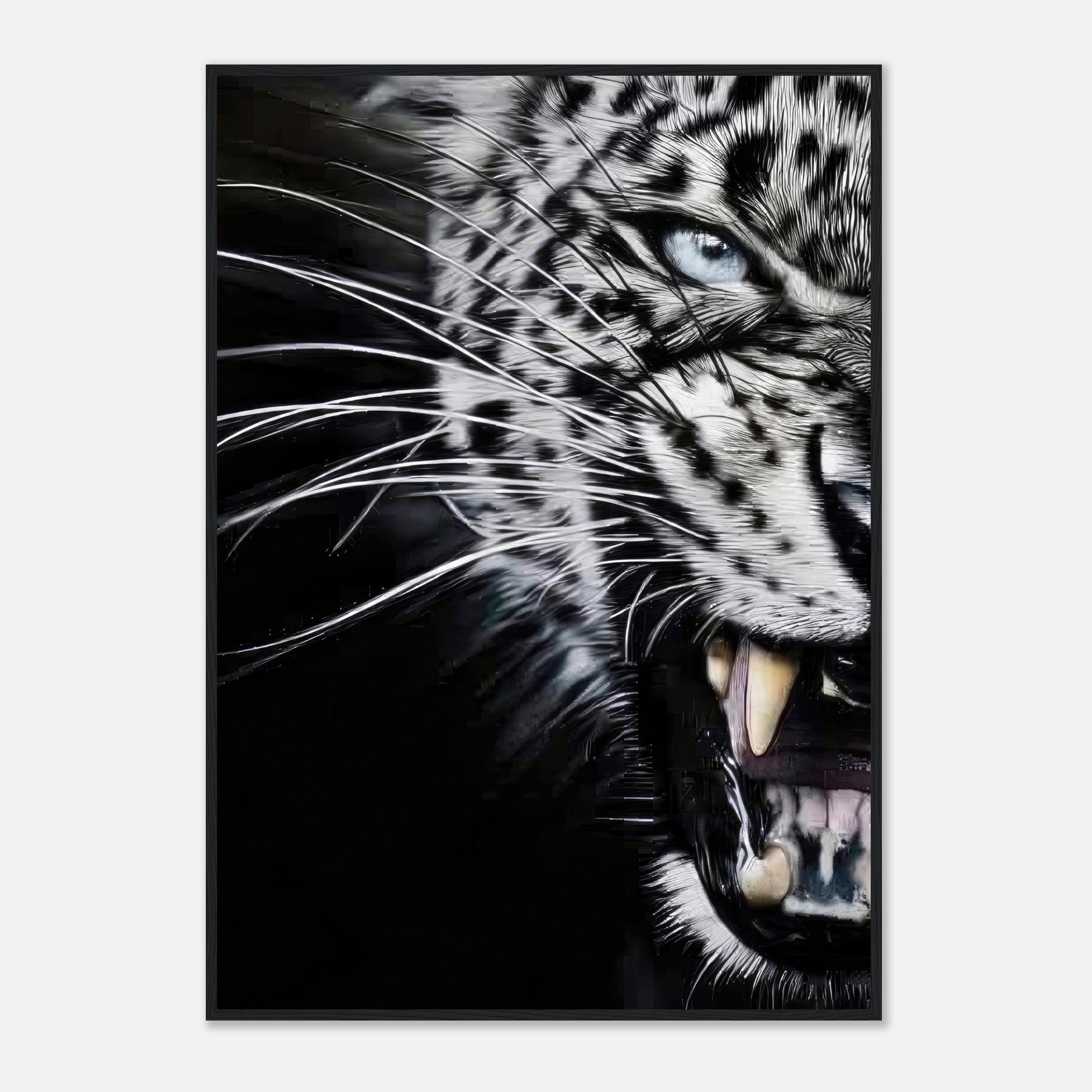 Close-up portrait of a fierce leopard with piercing blue eyes and sharp fangs, framed print for elegant decor.