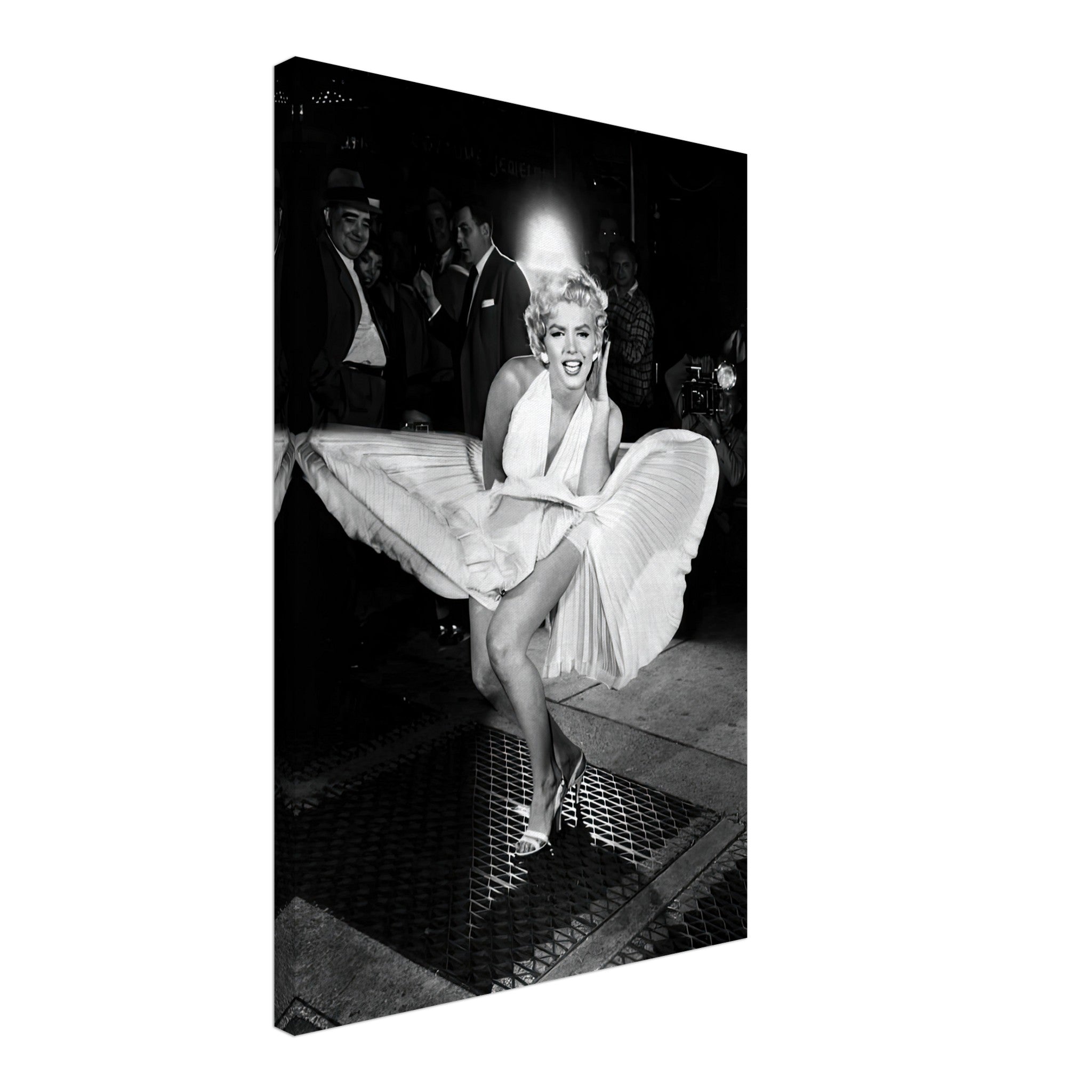 Marilyn Monroe in white dress being blown by wind, iconic black-and-white canvas print capturing Hollywood glamour.