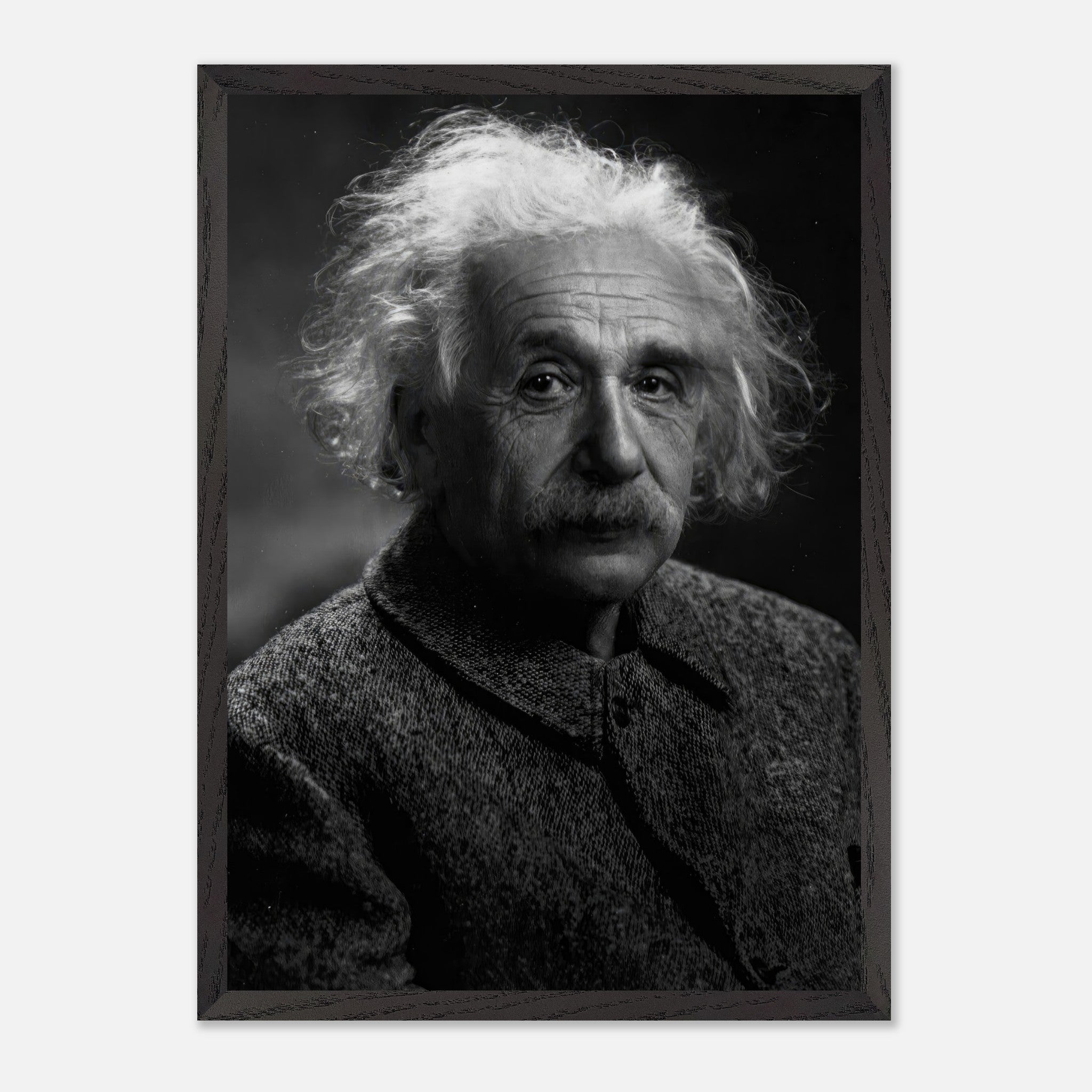 Black-and-white portrait of Albert Einstein in a vintage frame, showcasing his wisdom and intellect.