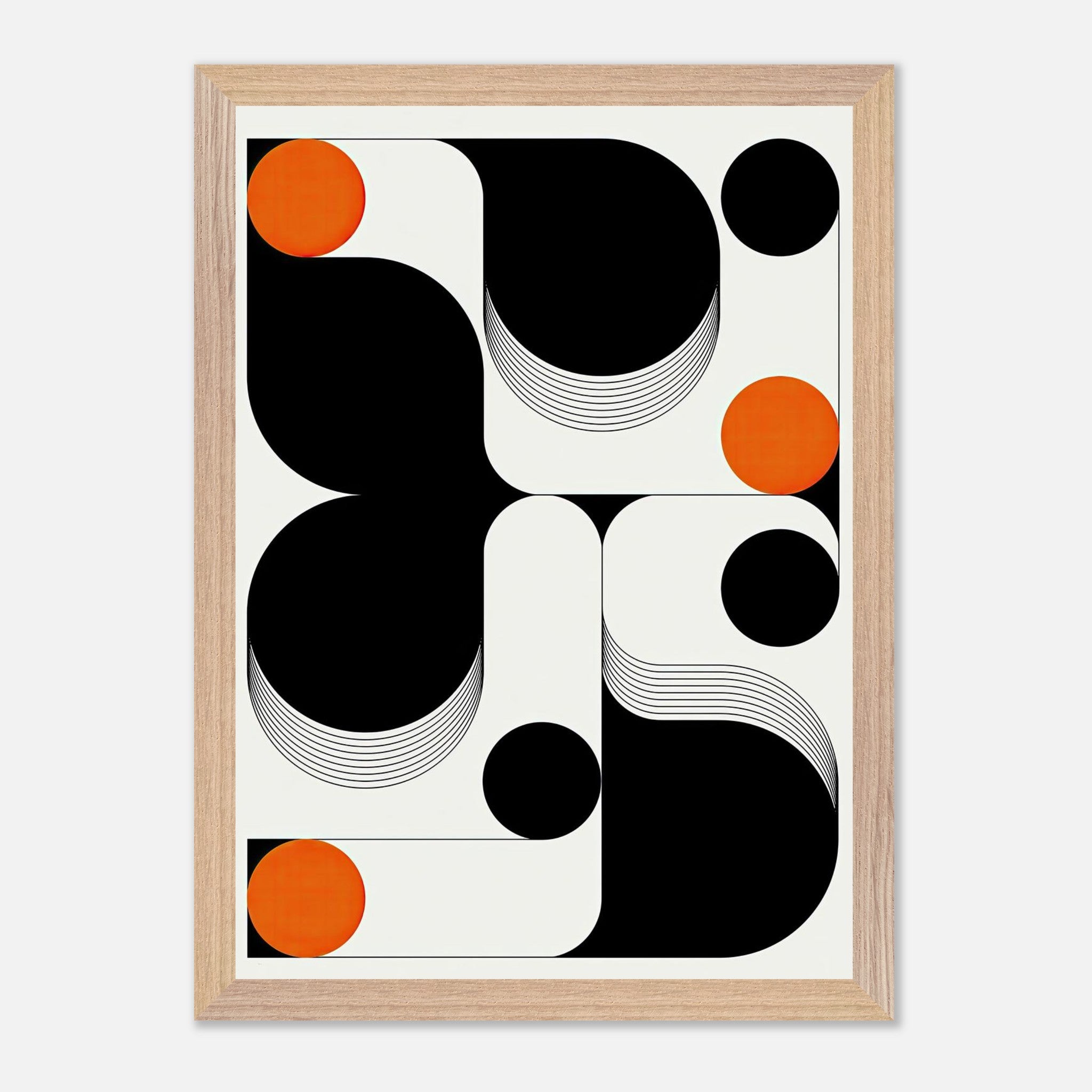 Modern geometric abstract art print with bold black shapes and vibrant orange circles in a vintage frame.
