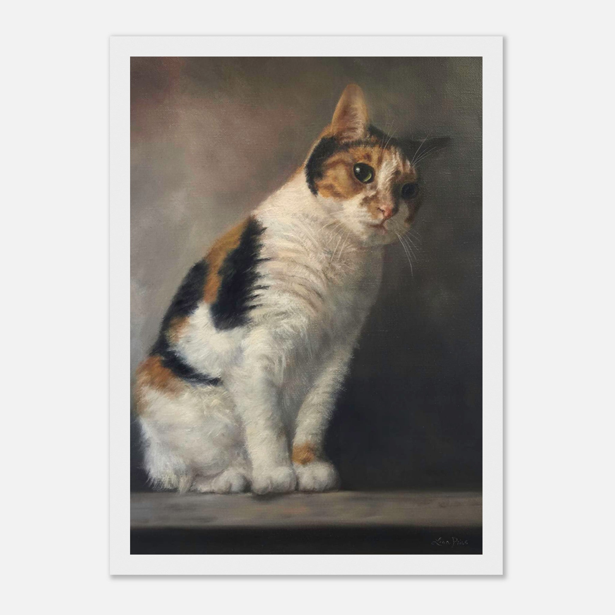 Realistic cat portrait painting framed print showcasing a lifelike depiction of a calico cat.