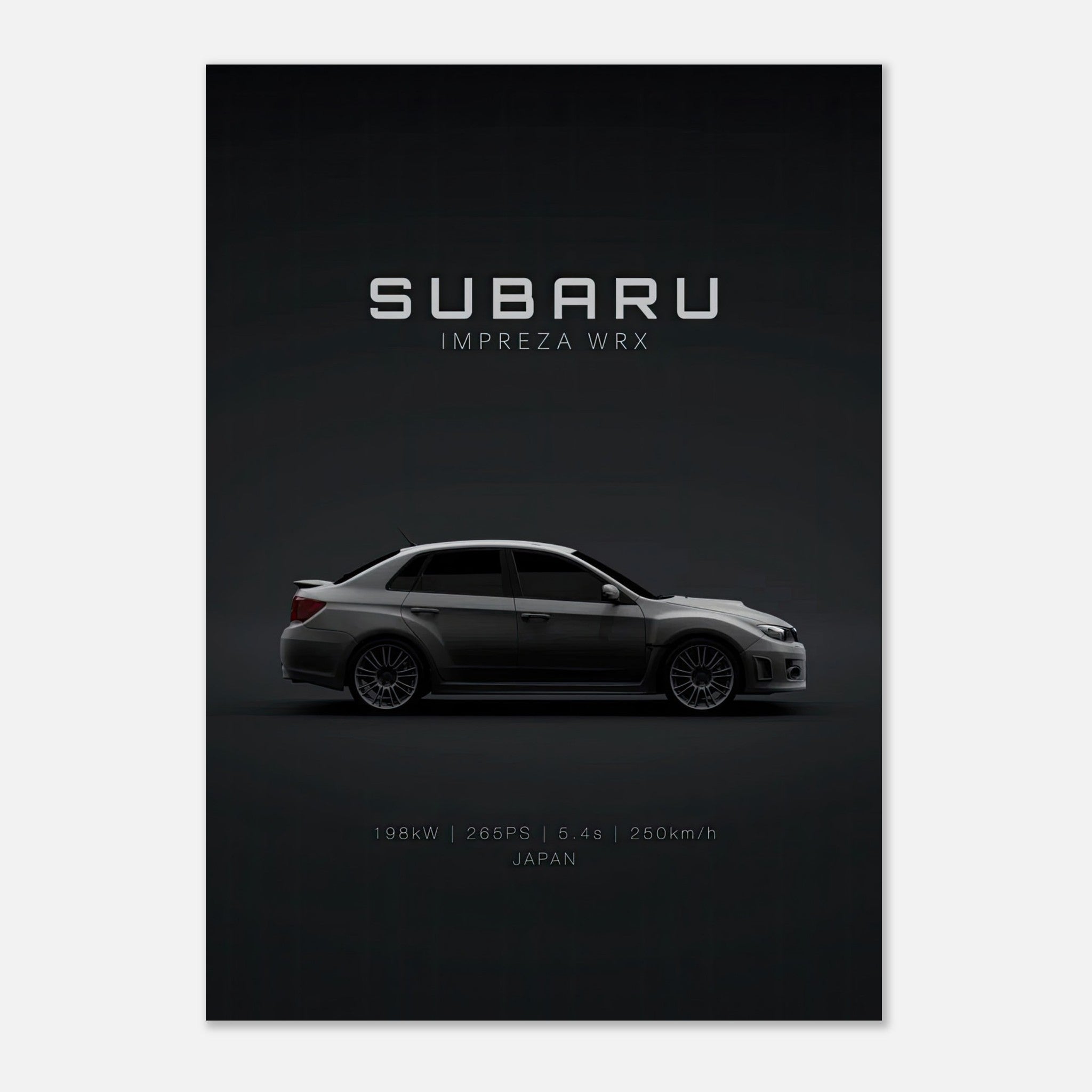Subaru WRX poster featuring the iconic Impreza WRX with performance specs on a dark background.