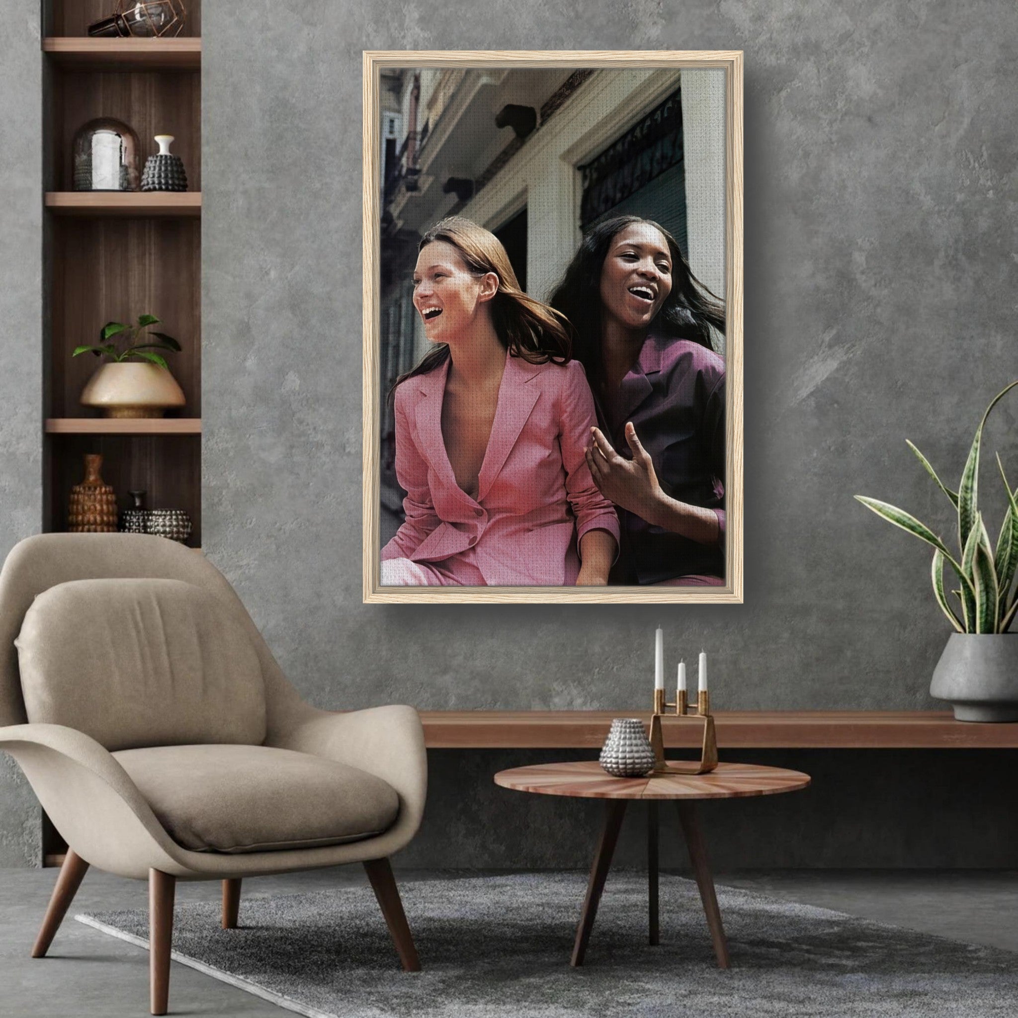 Naomi Campbell and Kate Moss framed canvas print showcasing iconic fashion moment in elegant home setting.