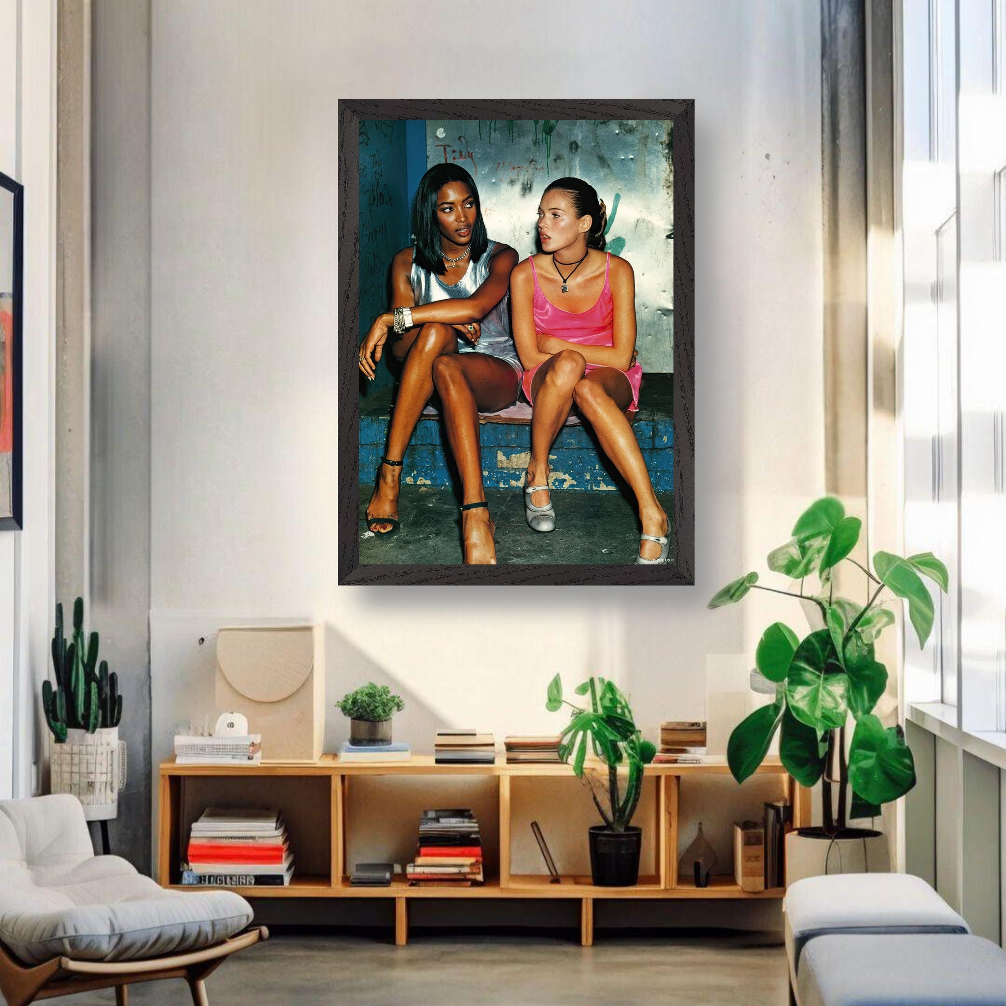 Naomi Campbell and Kate Moss vintage framed print showcasing 90s supermodel style in a modern living room.