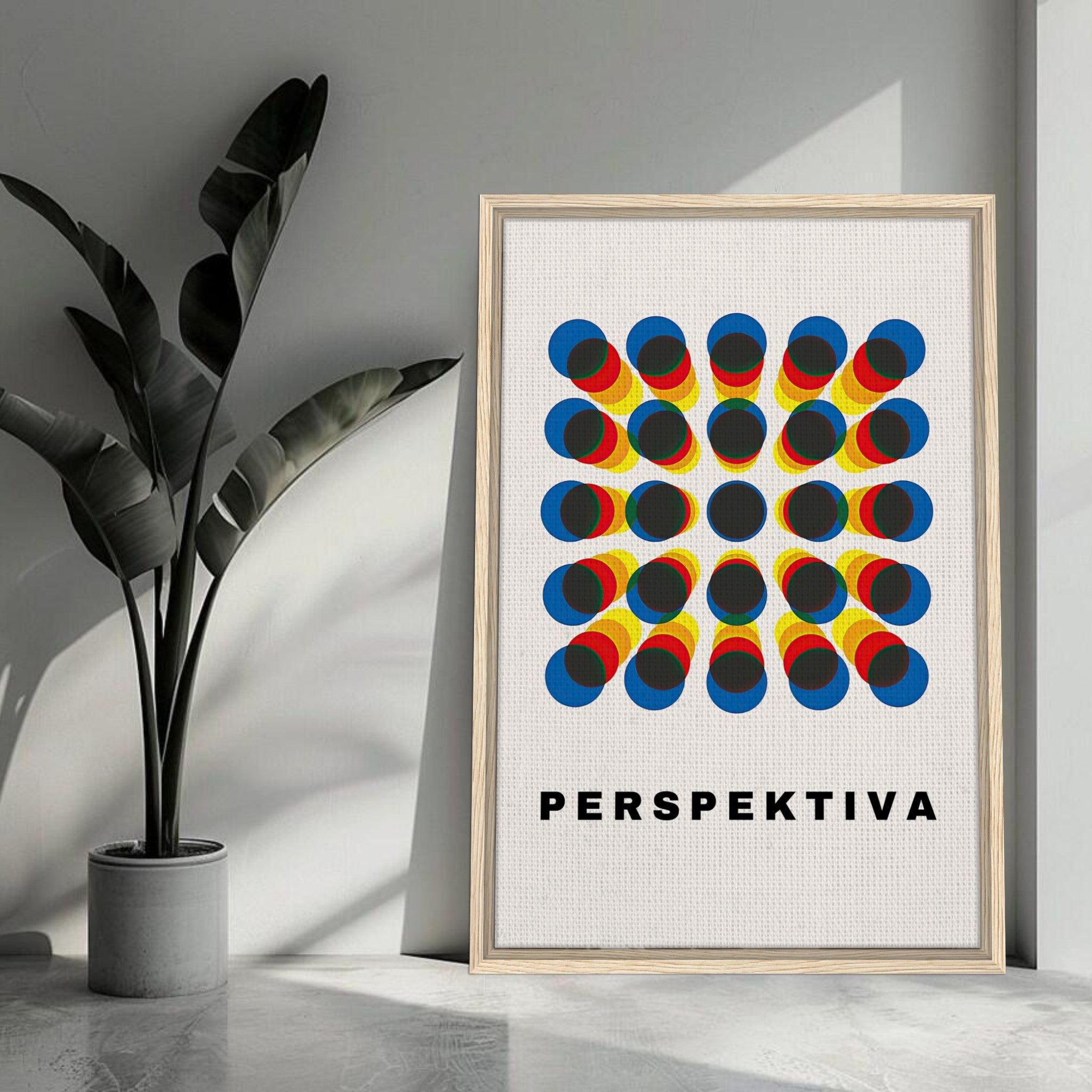 Perspective abstract art framed print with geometric pattern in blue, yellow, and red, showcasing depth and modern design.