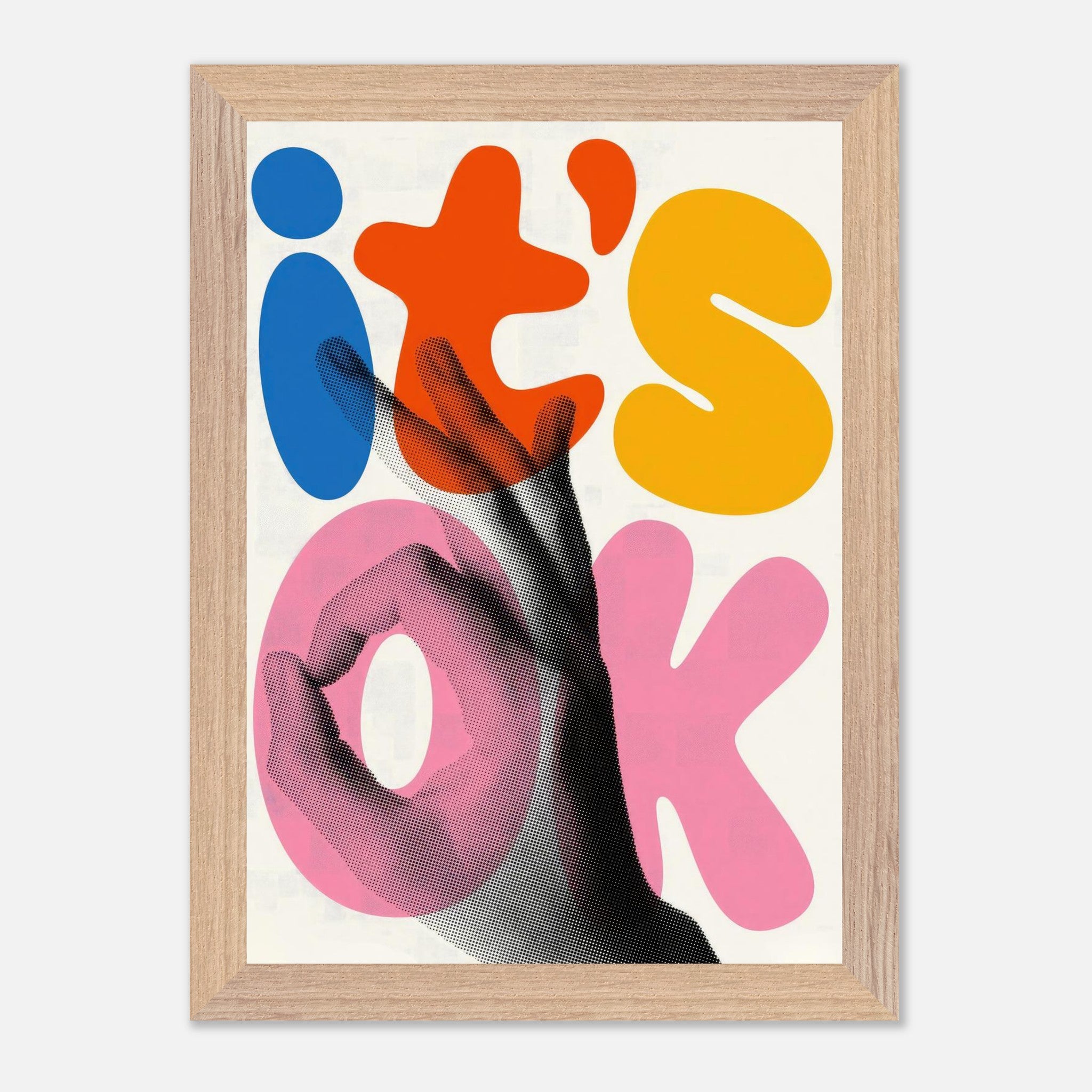 It's Ok Retro Abstract Pop Art Vintage Framed Print featuring vibrant colors and playful hand gesture.