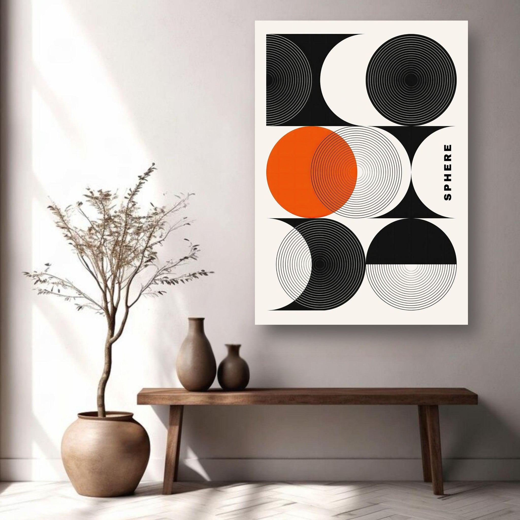 Abstract Geometric Sphere Art Metal Print featuring concentric circles and a vibrant orange accent.