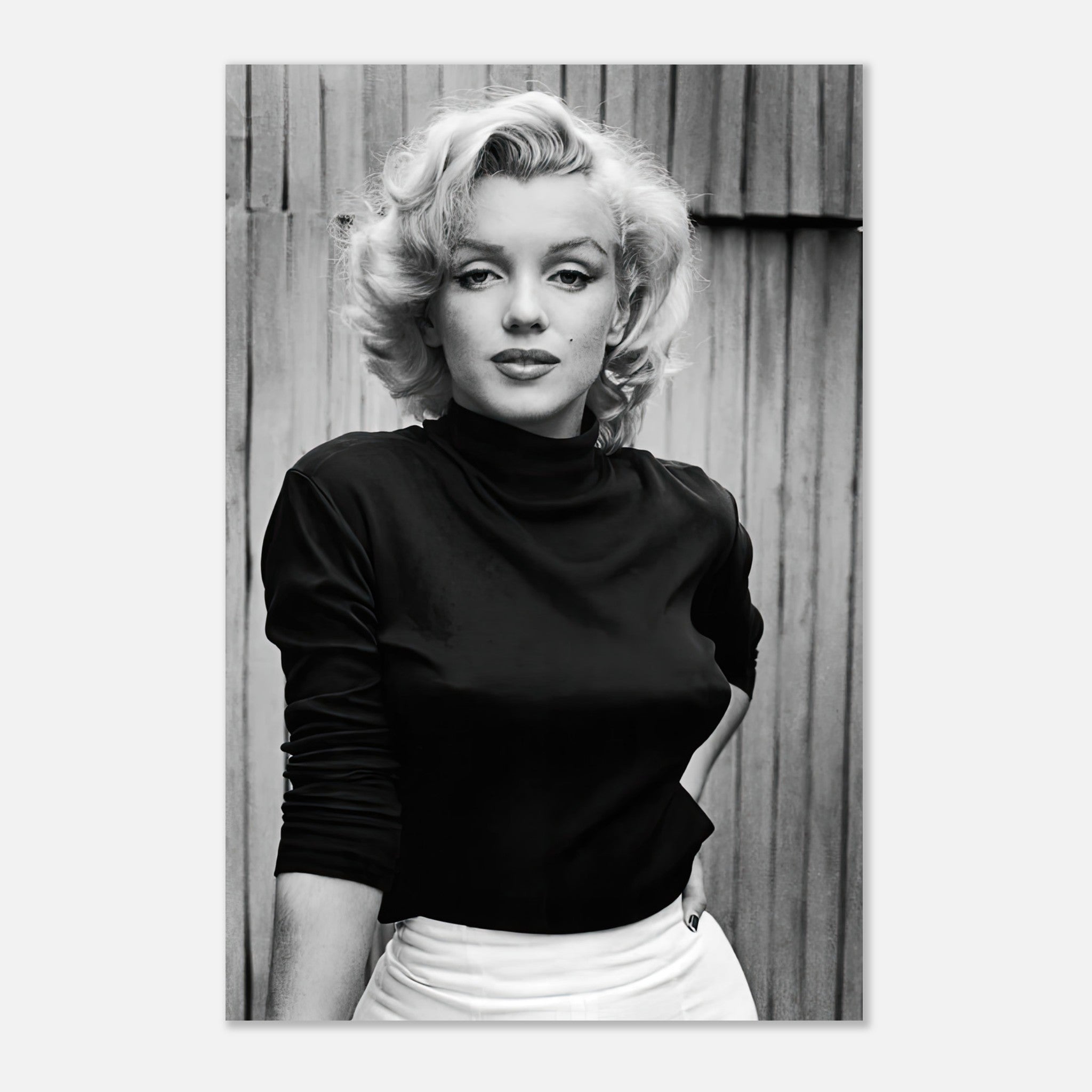 Monochromatic portrait of Marilyn Monroe on metal print, showcasing her iconic Hollywood elegance.