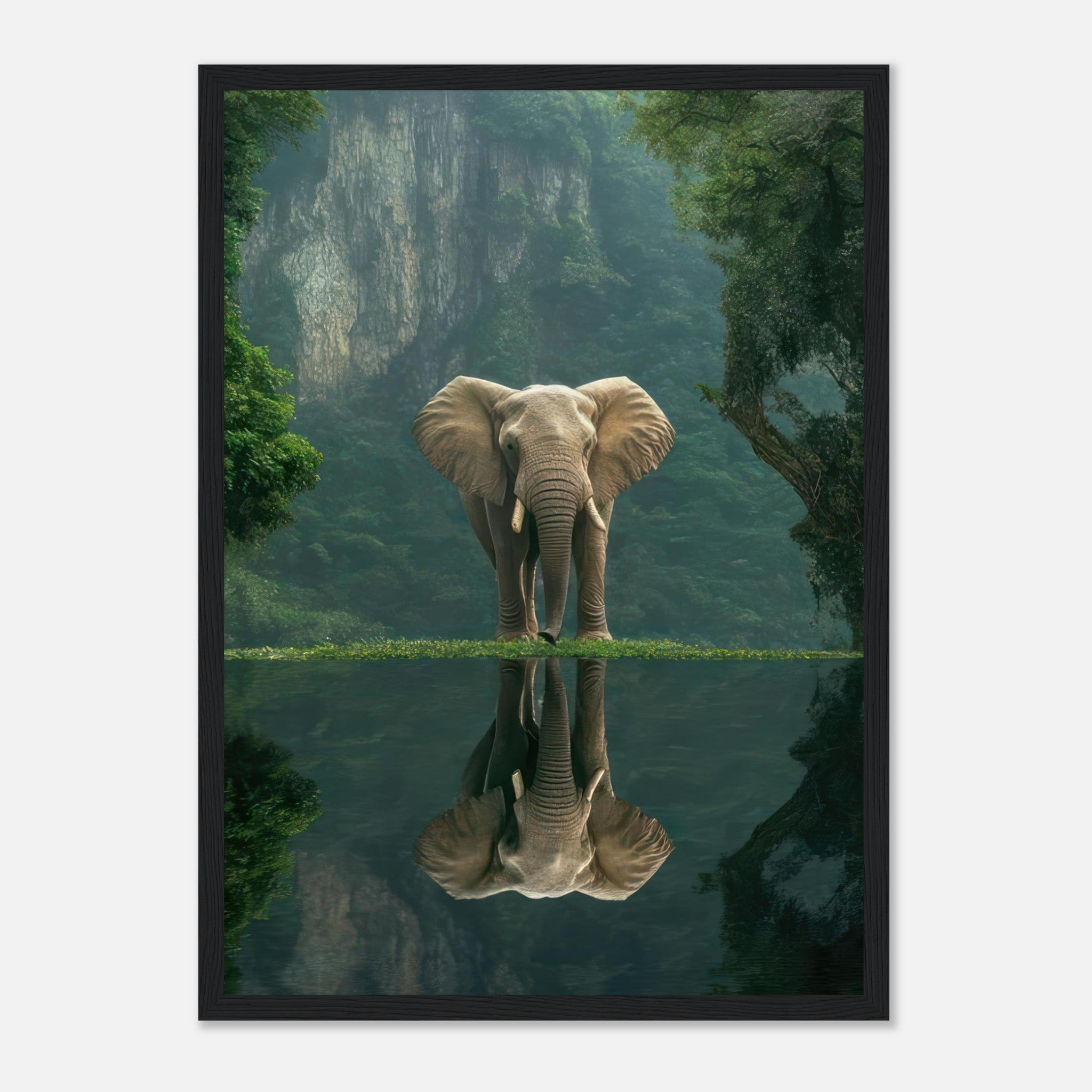Jungle Elephant Portrait Framed Print showcasing a majestic elephant reflecting in water surrounded by lush greenery.