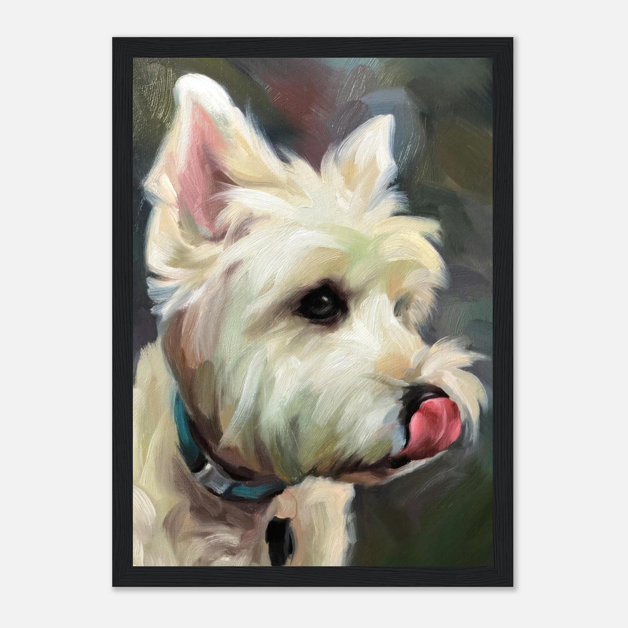 Framed print of a Westie dog painting with expressive detail and vibrant colors.