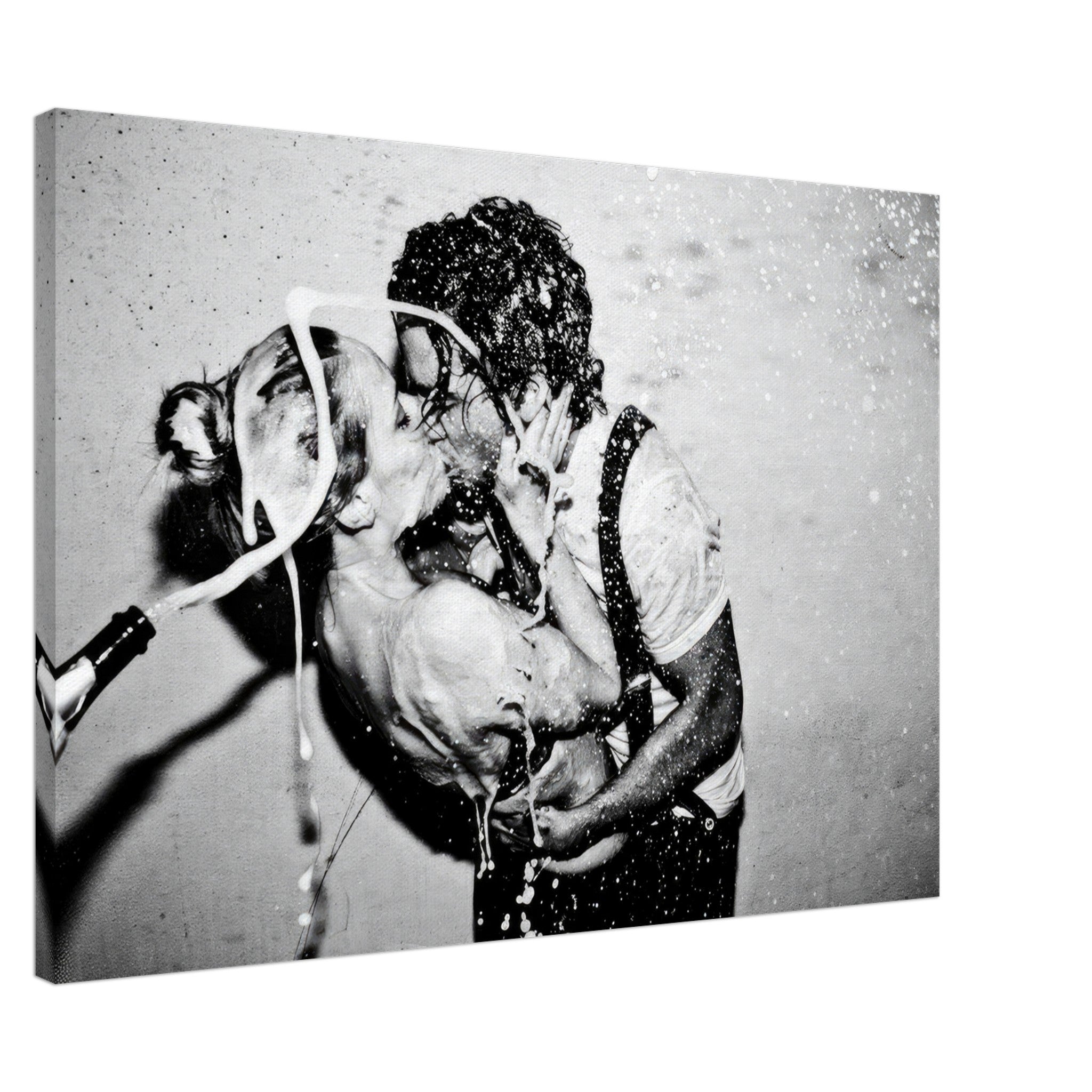 The Champagne Kiss canvas print featuring Johnny Depp and Kate Moss in a passionate, black-and-white moment.
