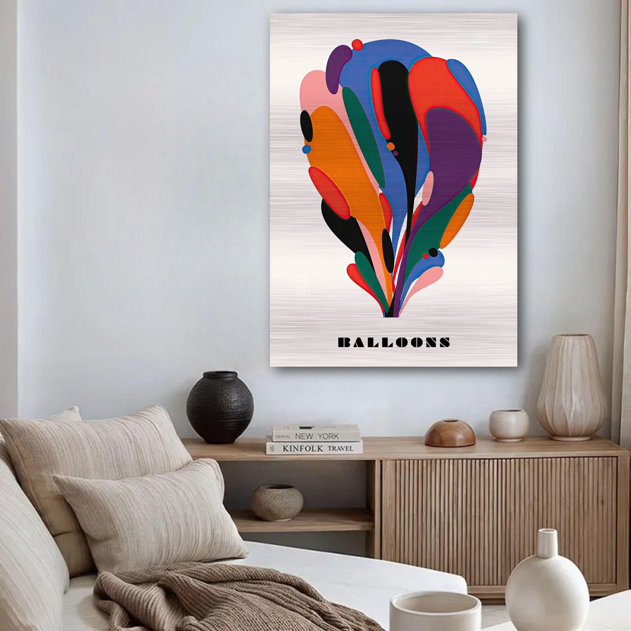 Abstract Balloon Art print in vibrant colors displayed in a modern living room setting, enhancing decor.