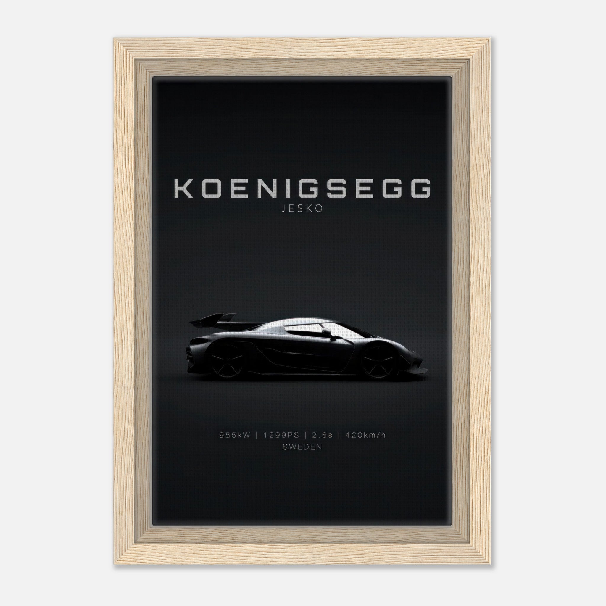 Koenigsegg Jesko framed canvas print showcasing sleek hypercar silhouette on minimalist black background.